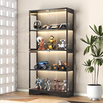 UNIQUITE Display Cabinet with Glass Doors, 63" Curio Cabinet with Color Lights for Collectibles, 4-Tier Display Case with Human Body Sensor for Artwork Books, Black