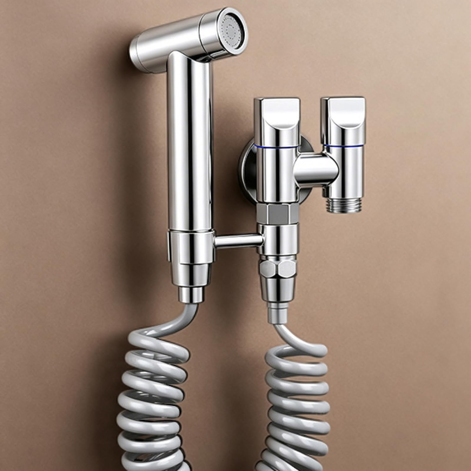 Juego De Rociador para Inodoro Cromado Grifo WC Higienico Acero Inoxidable Solo Agua Fría Montada En La Pared Diseño De Una Entrada Y Dos Salidas Adecuada para Limpiar El Piso