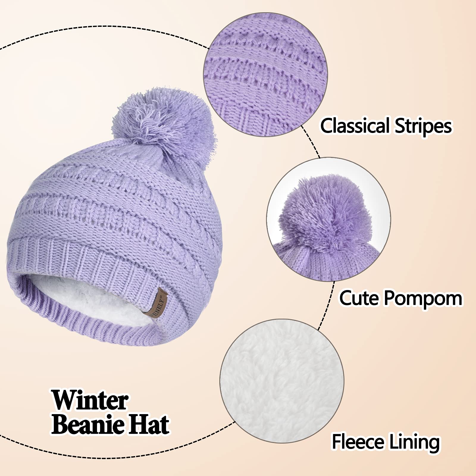 Kids Winter Beanie Hat Toddler Gloves Girls Infinity Scarf Youth Neck Warmer Warm Fleece Pom Cap Purple Thermal Knit Set 6-10 Years Old, Gorros Gorras Bufandas Para Niñas Niños, Gifts for Childrens