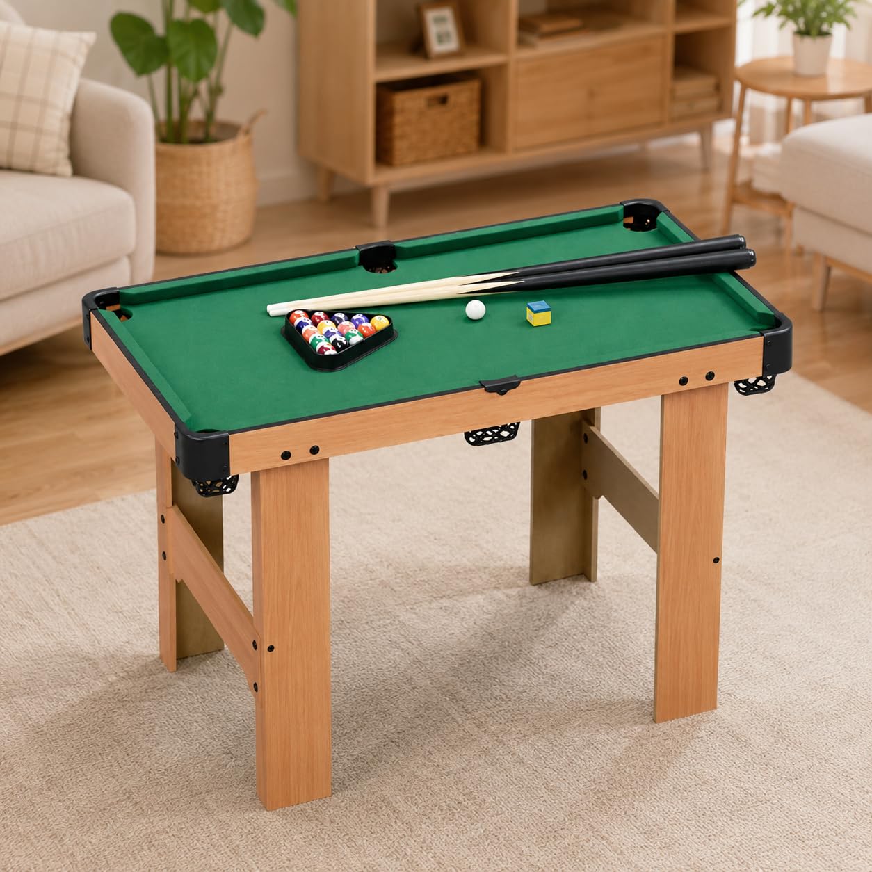 Mesa Billar Plegable, portátil, 90cm Altura, Madera Oscura, para Entretenimiento en casa