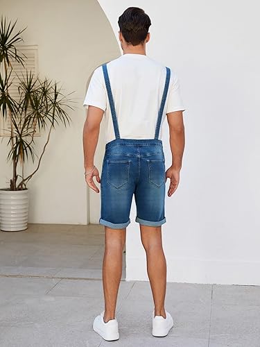 Miniatura 6 de LONGBIDA Overol de mezclilla para hombre, pantalones cortos de mezclilla, overol casual de verano con bolsillos