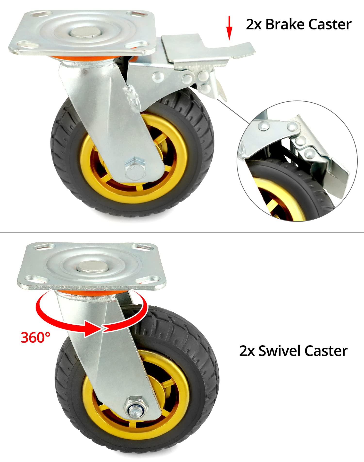 QWORK® 4X Ruote per carichi pesanti 150 mm, Ruote girevoli fino a 250 kg per ruota, per trasporto di mobili e trasporto industriale (2 ruote girevoli + 2 ruote freno)