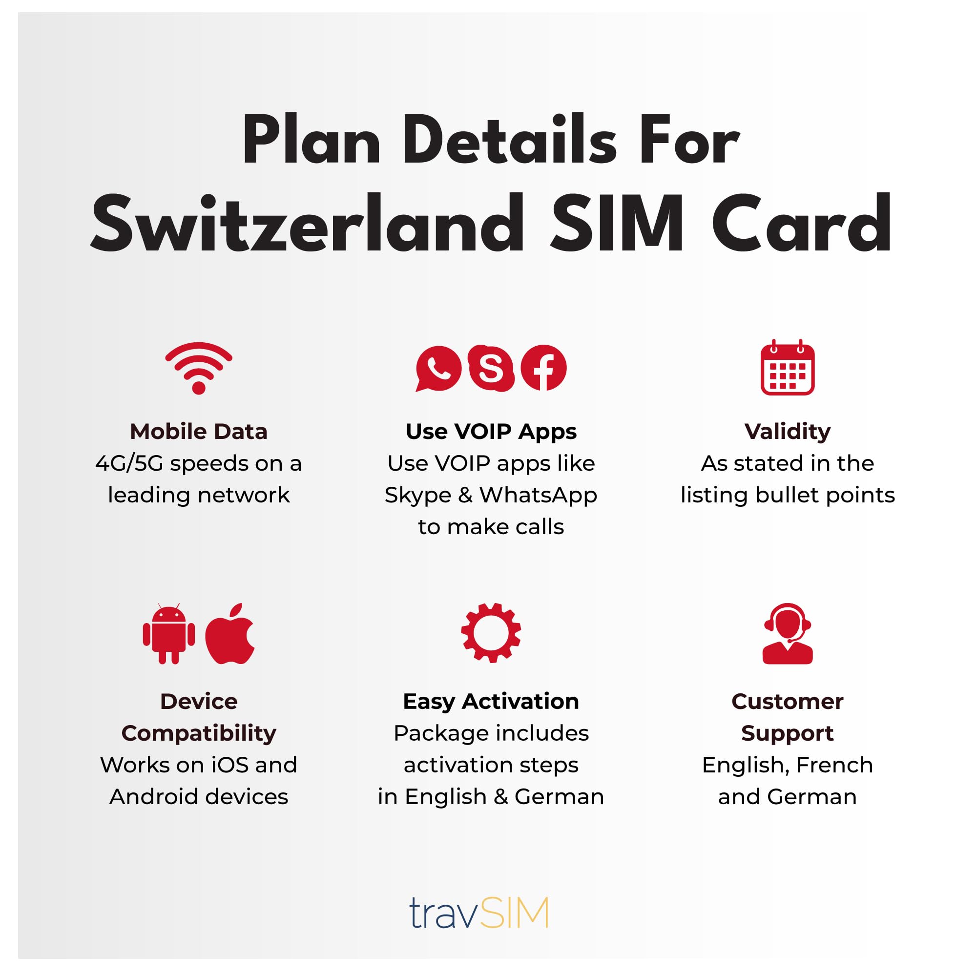 travSIM Suiza Tarjeta SIM | 10GB de Datos SIM - Plan de 15 días de duración | Tarjeta SIM Suiza Ofrece Acceso Ilimitado a Internet para Google, Facebook, Whatsapp, Instagram y más