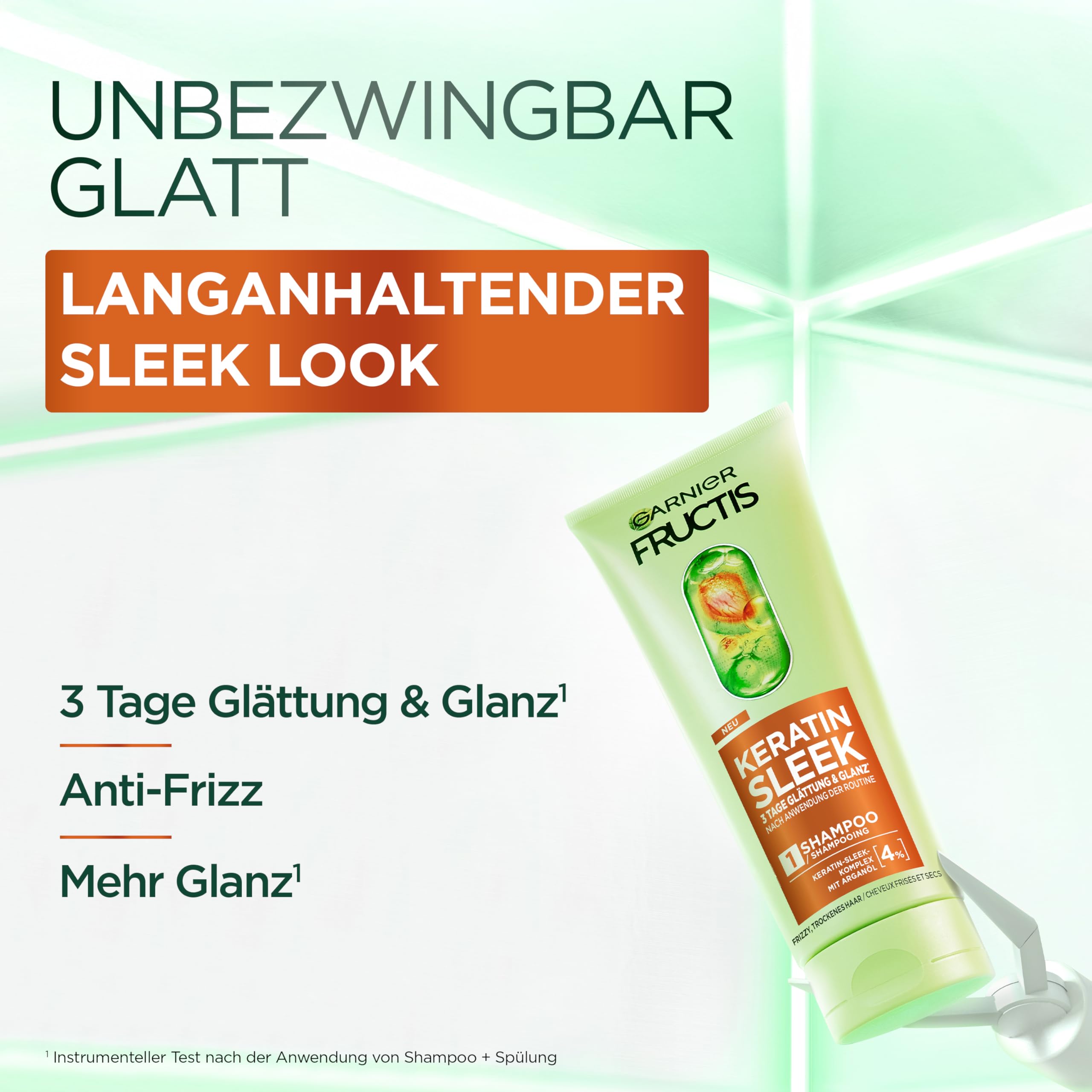 Garnier Fructis Keratin Sleek Kit de soin avec shampooing, après-shampoing, masque et sérum à l'huile d'argan et complexe kératine-leek pour cheveux secs et sujets aux frisottis