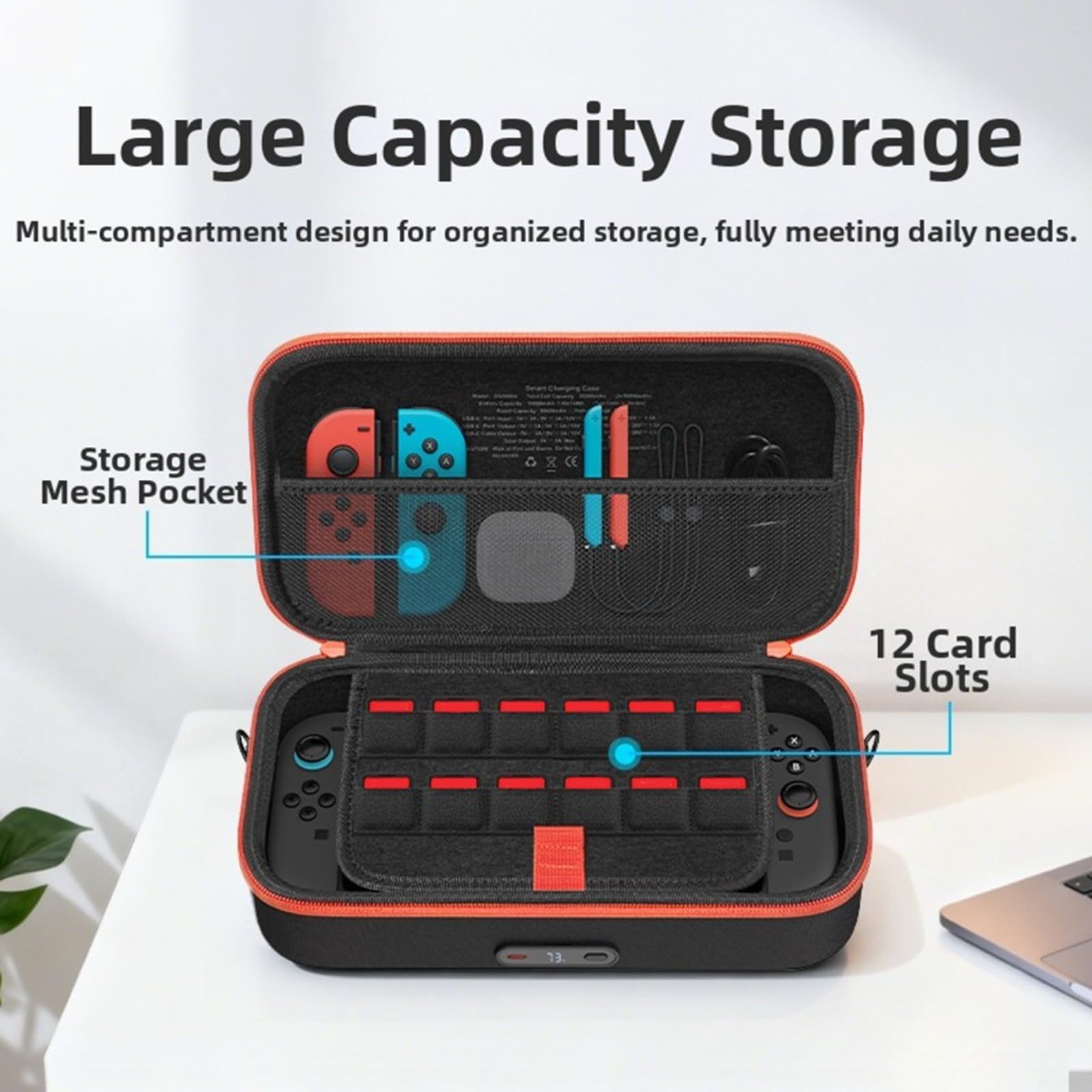 Custodia per Nintendo Switch 2 con power bank da 2000 mAh, custodia di ricarica da 30 W per console, spazio per 12 carte da gioco, custodia da viaggio compatta in EVA con accesso via cavo, nero