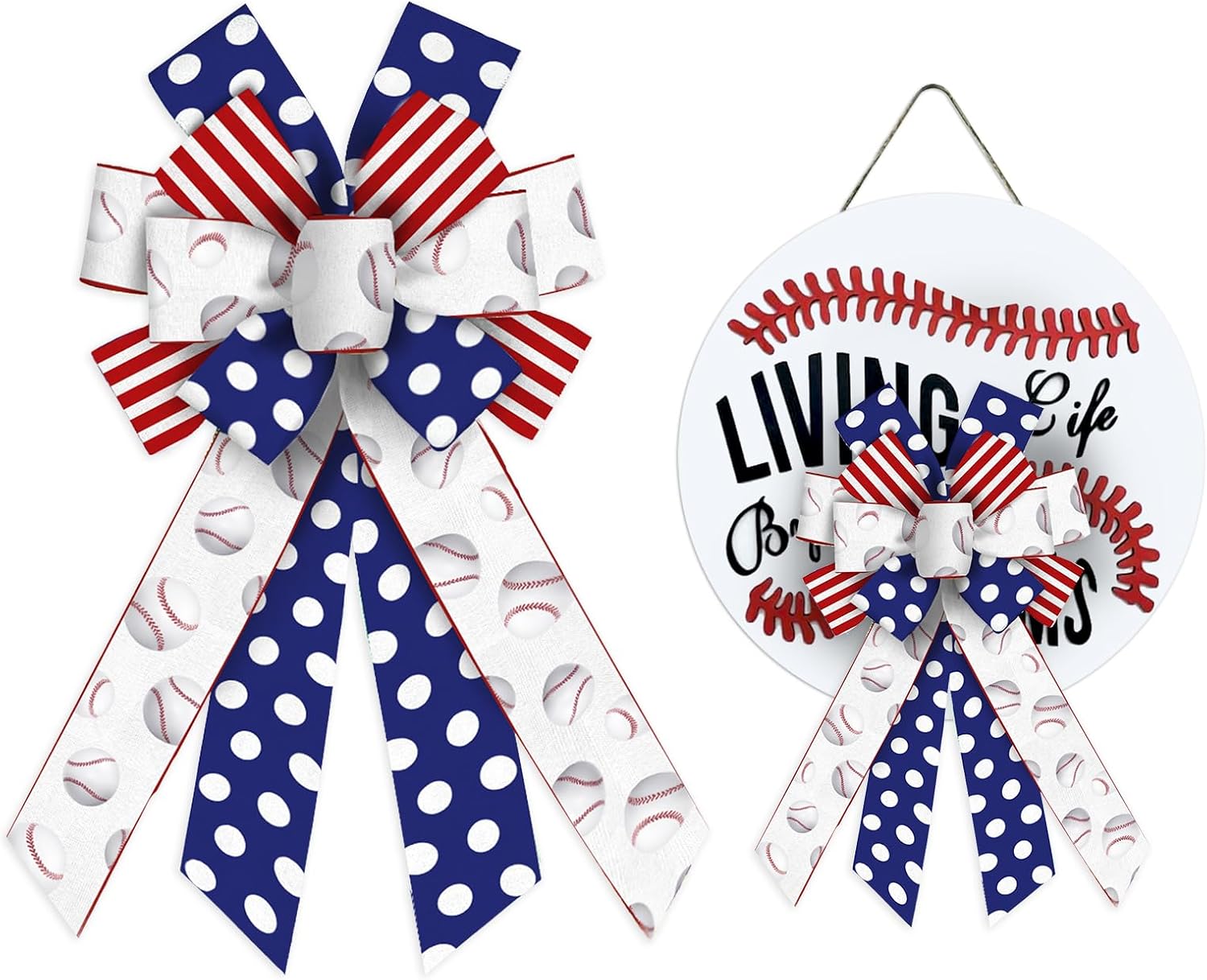 Large Baseball Bow for Wreath, Softball Sport Decoration for Front Door, White Blue Red Indoor Outdoor Ornament, Team Celebration Party Supplies, Tree Topper