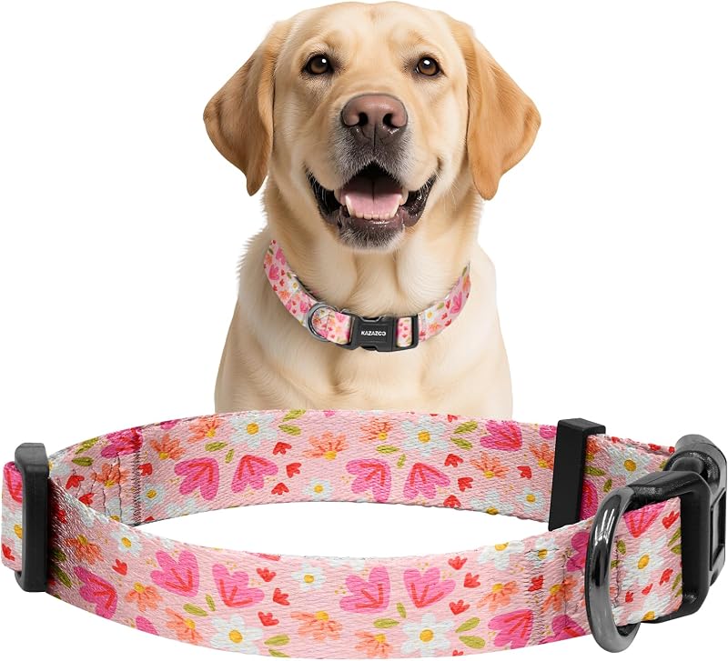 Coleira para Cães em Nylon Macio com Estampa de Flores Rosa Kazazoo Ajustável Tamanho Grande (L)
