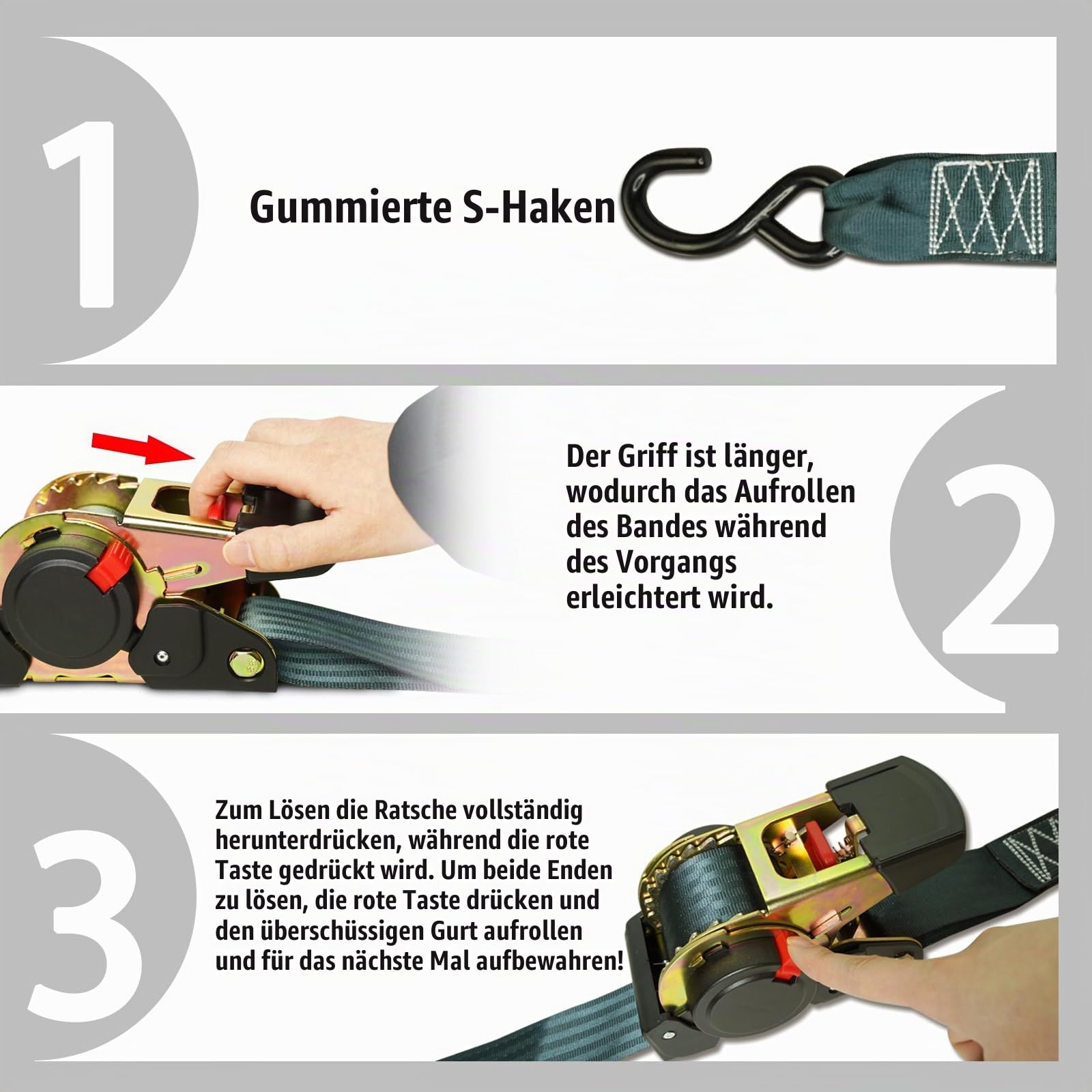 ENJ 2 Pack Retractable Ratchet Strap, 3,0 m x 50 mm, Polyester, Universal Fit, Motorrad, Boot, Geländefahrzeug, PKW, LKW, 1500 kg, S-Haken