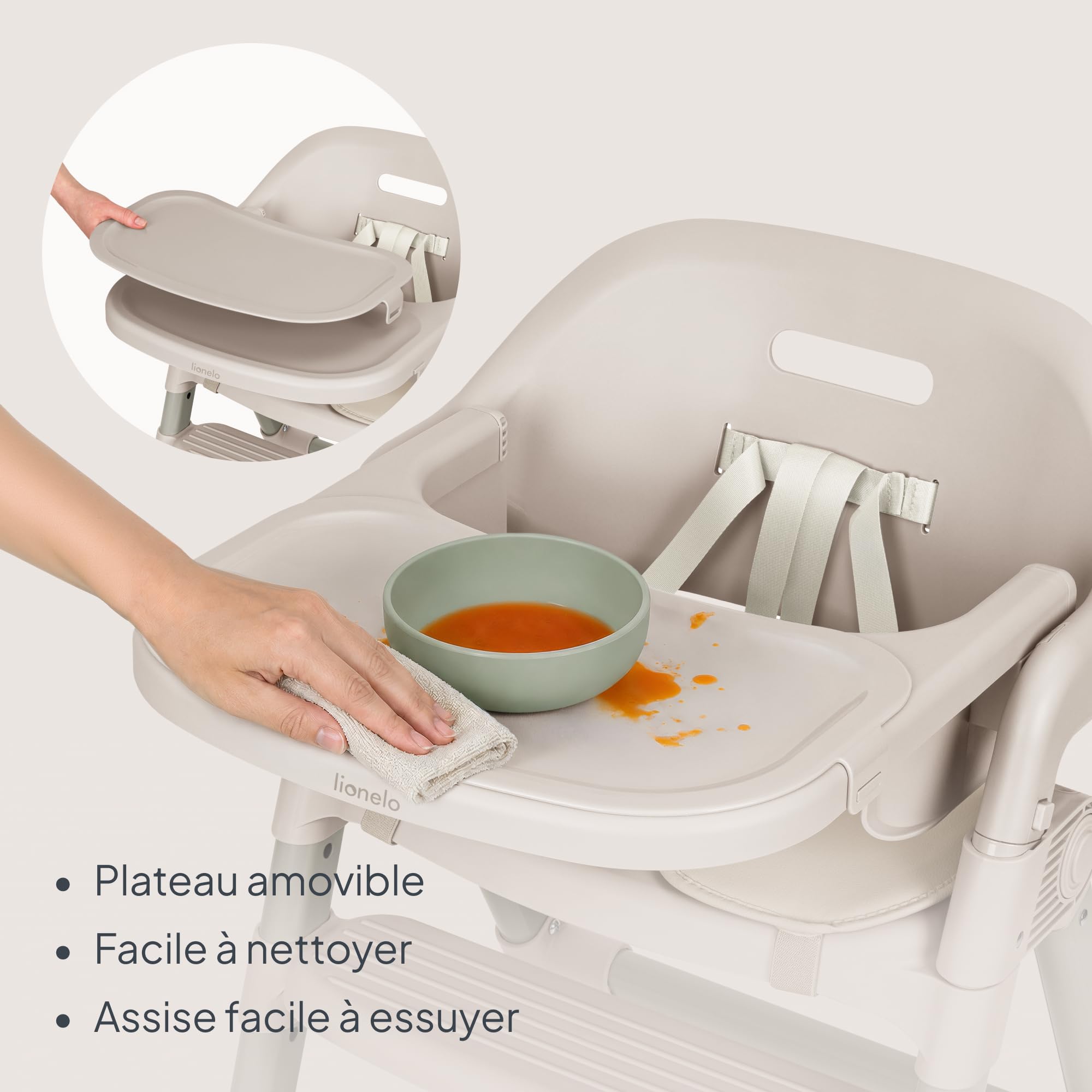 Lionelo Matt Chaise Haute Bébé 3 en 1, Pliable et Évolutive, Beige | Dès 6 Mois, Assise et Repose-Pieds Réglables, Plateau Lave-Vaisselle, Harnais 5 Points, Coussin Doux, Jusqu’à 110 kg