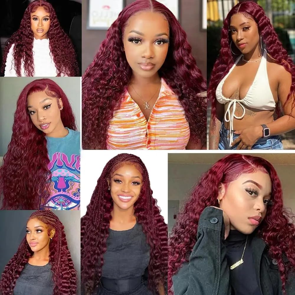 99j Human Hair Bundles Burgundy Deep Wave Bundles Double Weft Unprocessed Brazilian Virgin Hair Extensions 26 28 30 Inch