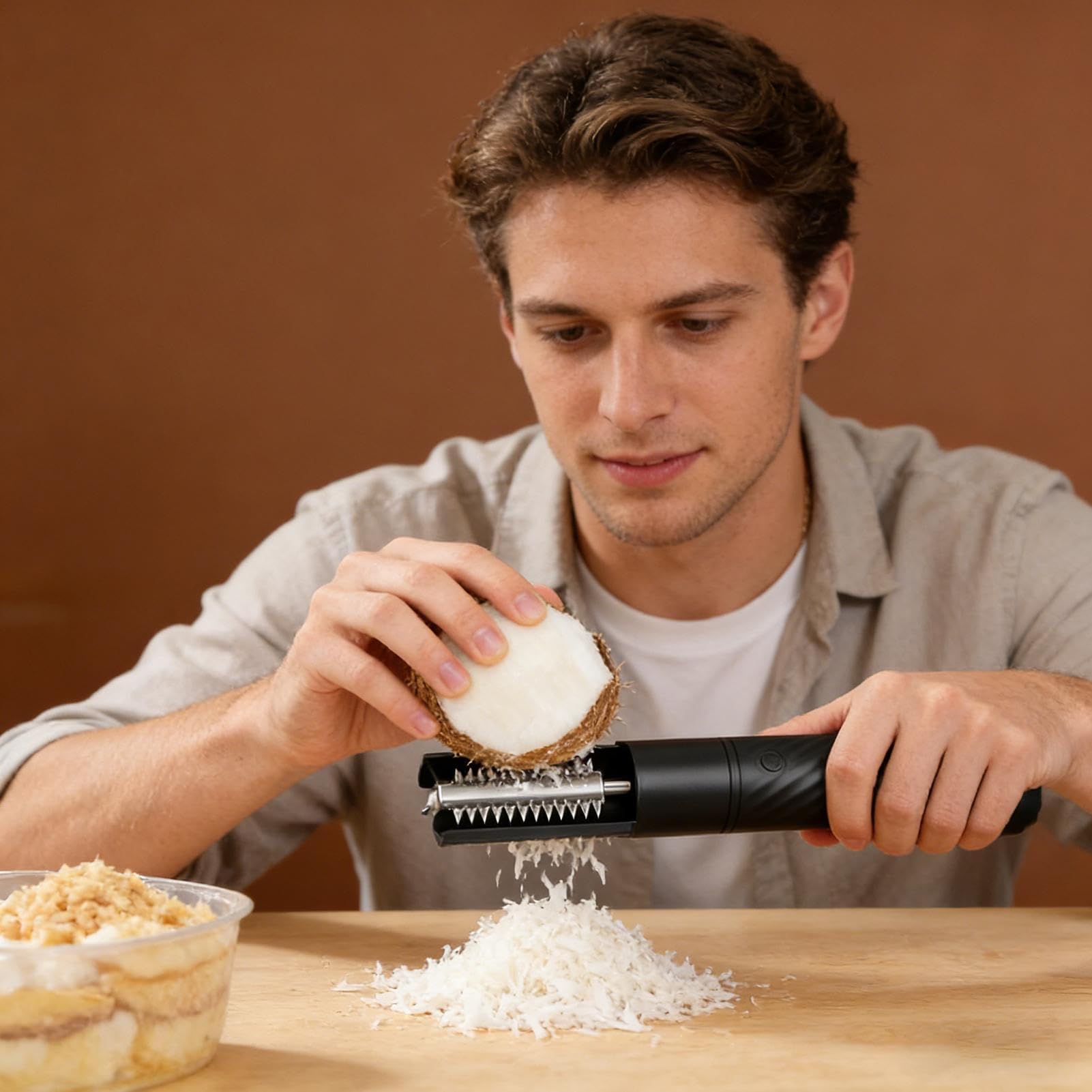 Rallador de Coco Eléctrico Inalámbrico Giratorio Antisalpicaduras de Mano