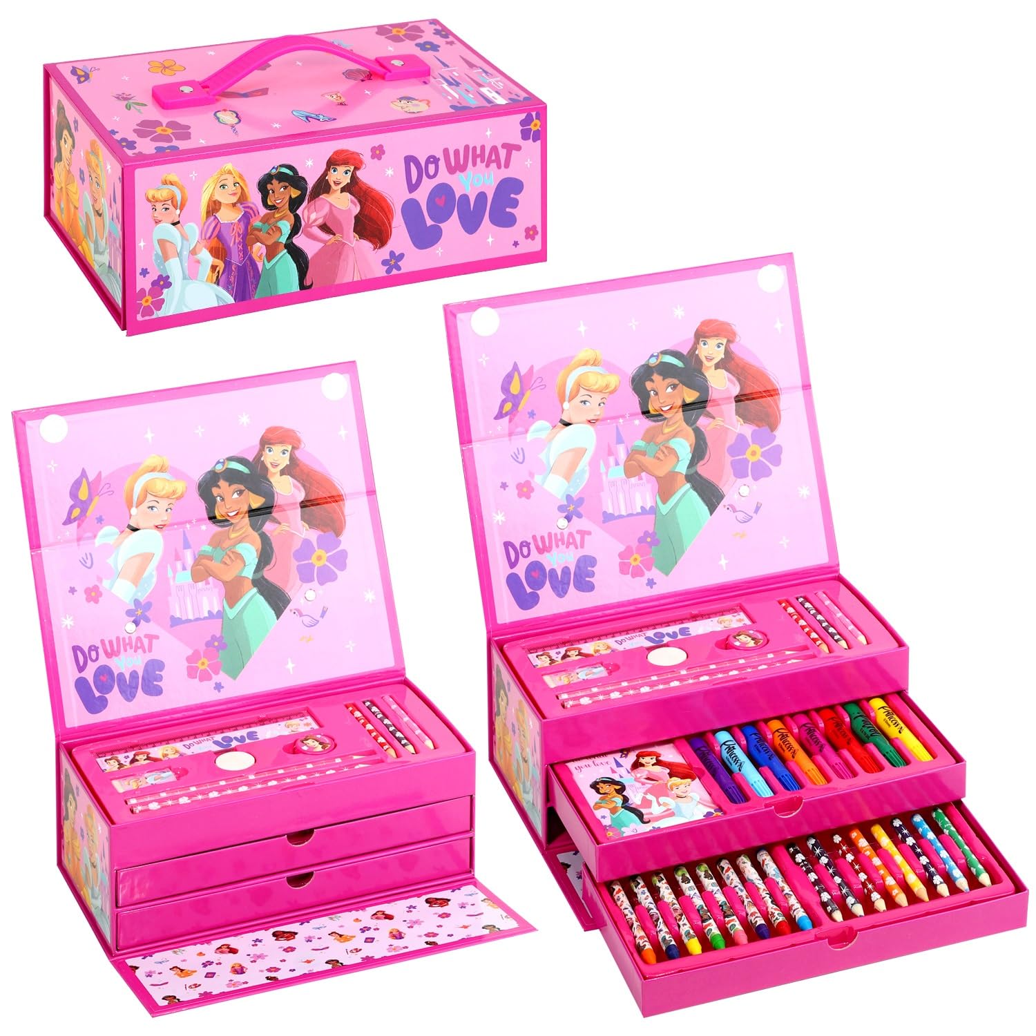 Disney Princess 34pc Colouring Art Stationery Set with Watercolour Felt Tip Pens Crayons and Pencils Travel Set for Children