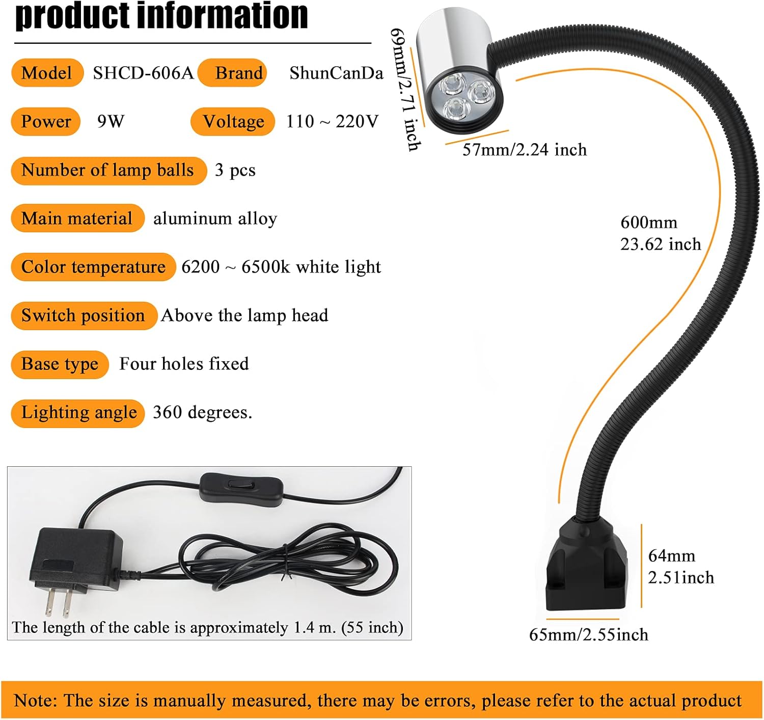 Led Machine Work Light, IP65 Water Proof 23in Flexible Gooseneck Lamp 900 Lumens 120 Volt for Lathe Milling Drill Press Industrial Lighting, Install With Screws
