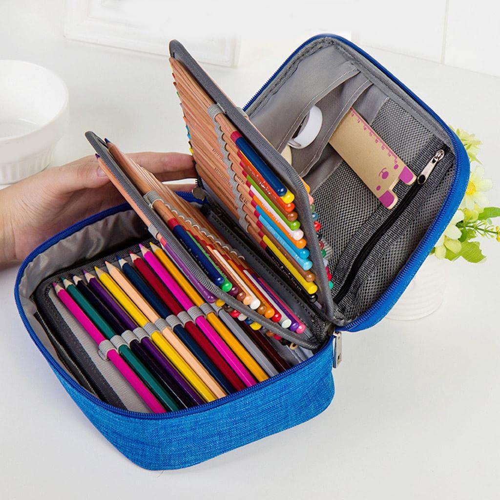 Astuccio colorato con 72 scomparti, ad alta capacità, con cerniera, colore nero, Set da 3 [Blu], 22x16.5x6.5cm