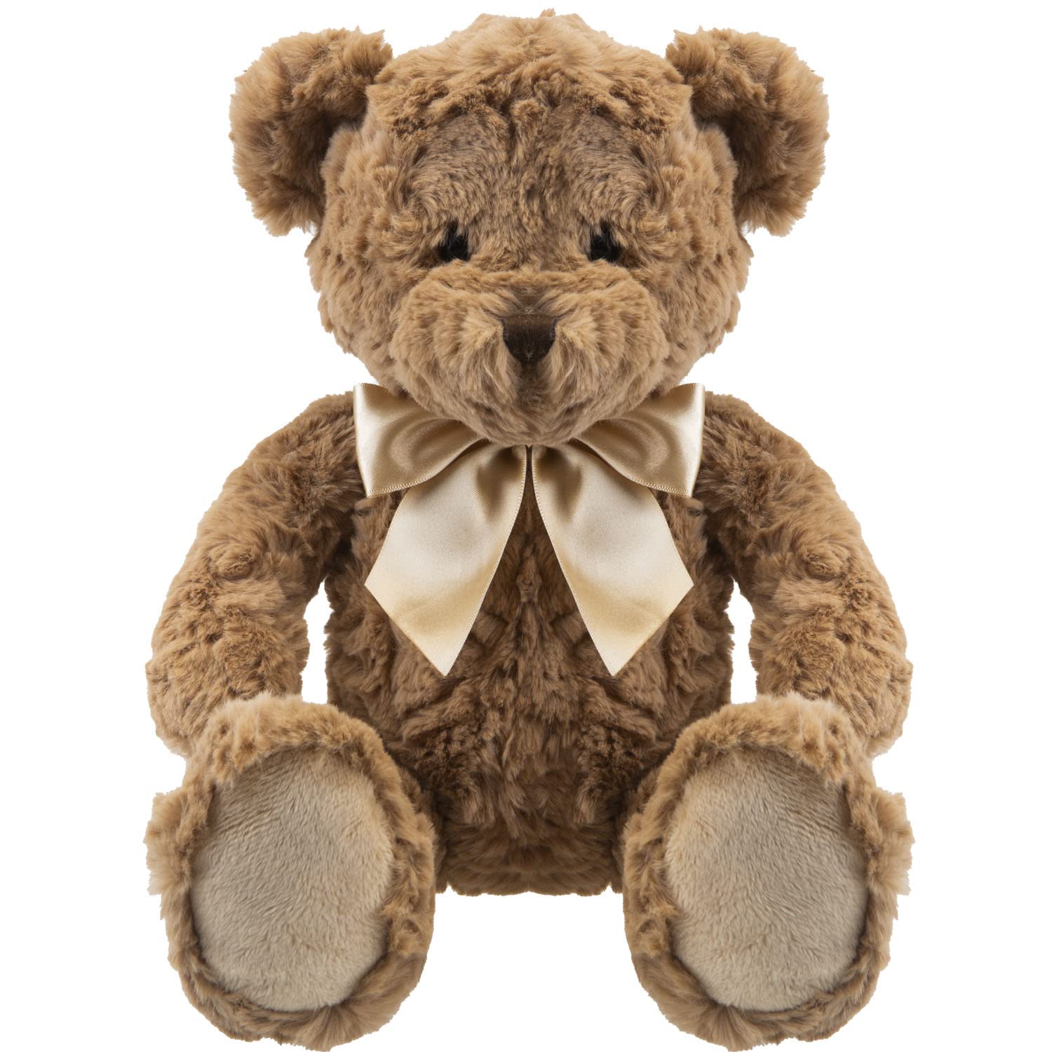 VFM - Kingsley 34cm Brown Bear Plush With Gold Silk Bow Premium Fluffy Toy, Traditional Look, Medium Teddy Bear, Plush, Softy, for Girlfriend, Children, Great Gift Idea,