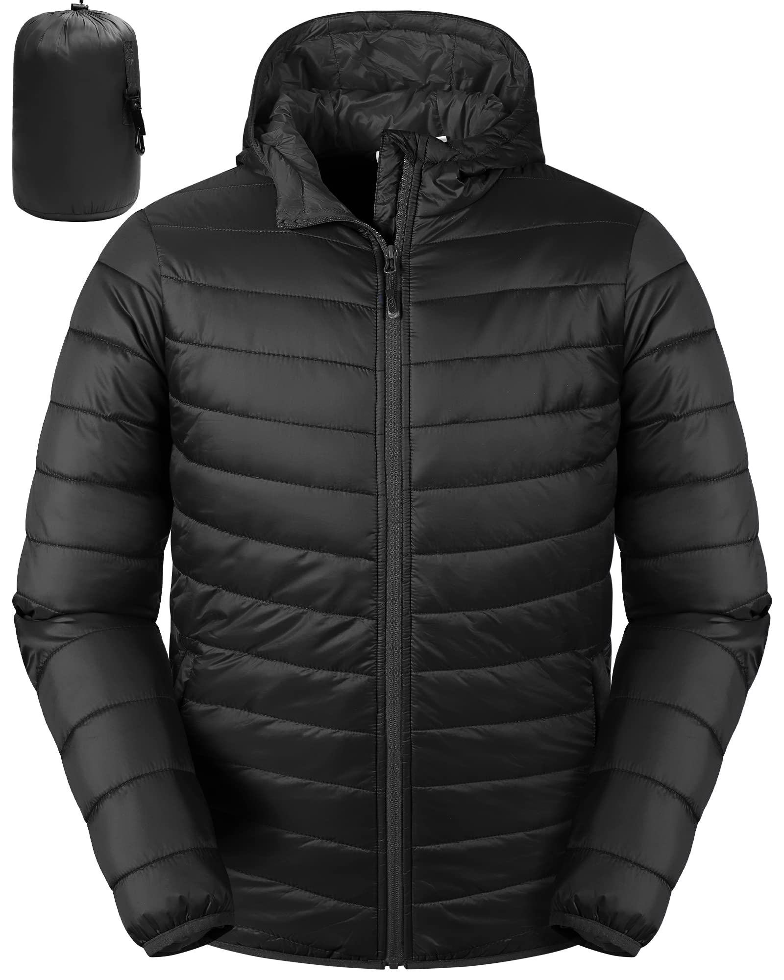 Men's Lightweight Packable Insulated Puffer Winter Jacket with Hood, Water-Resistant Down Alternative Puffy Coat