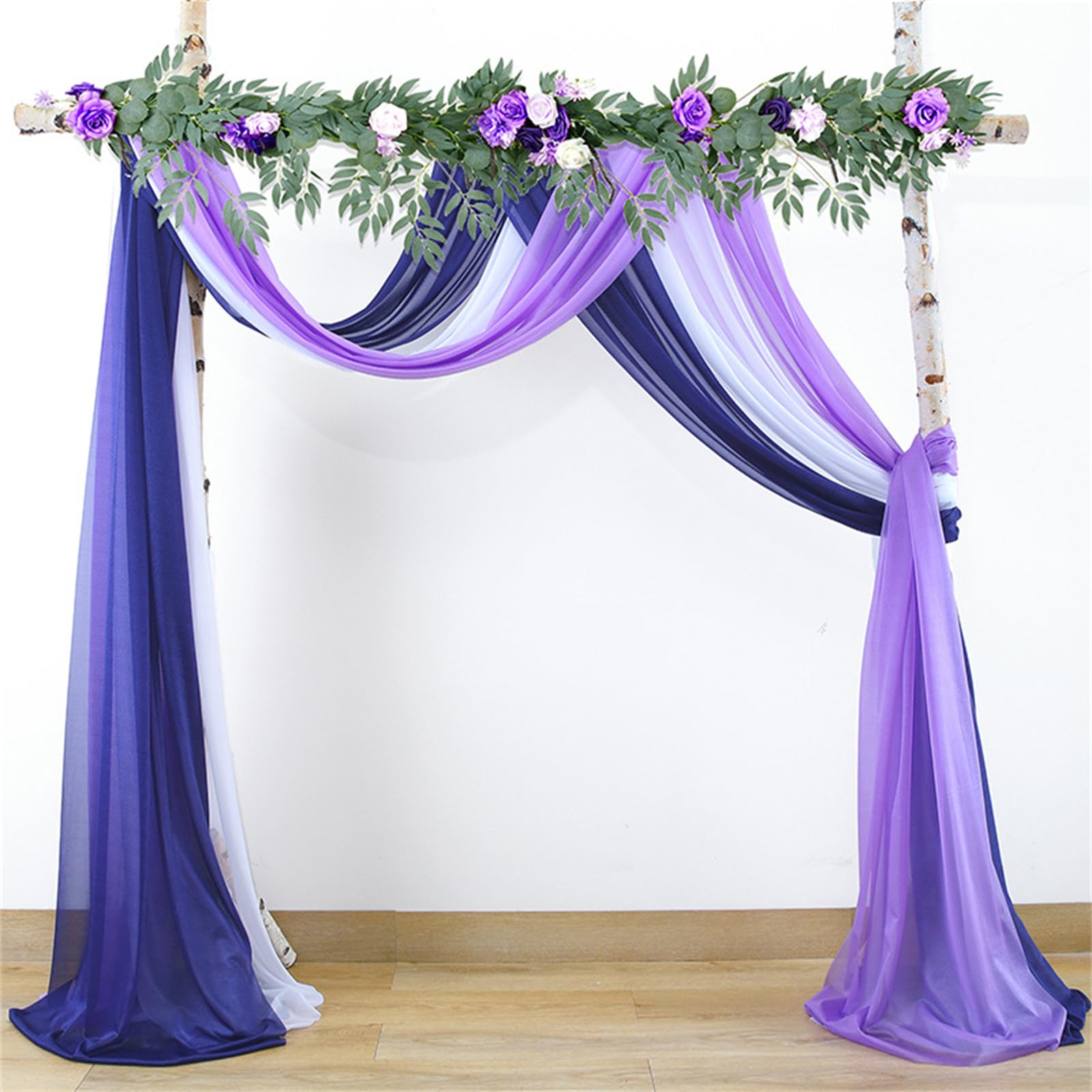 Chickwin Tenture Mariage, 3 Pièces Voilage Elégant Arche Mariage Tenture, Fond de Rideau Mousseline de Soie pour Décoration Mariagé, Cérémonie, Fête, Toile de Fond (Style Bleu-Violet,75x600cm)