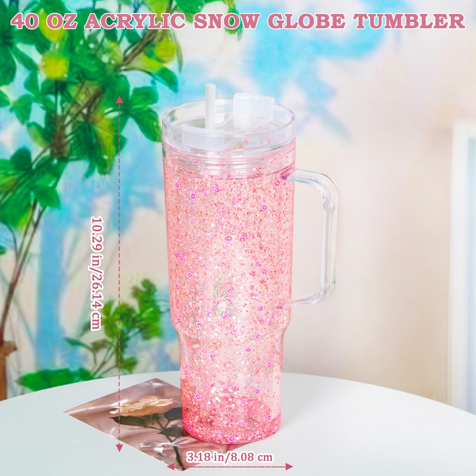Cosictic 40 OZ Mehrweg Acryl-Schneekugel-Tumbler mit Griff und vorgebohrtem Loch, 1182ml, Kunststoff-Doppelwandiger Schneekugel-Tumbler mit klarem Deckel und Trinkhalm, (4 Stück)