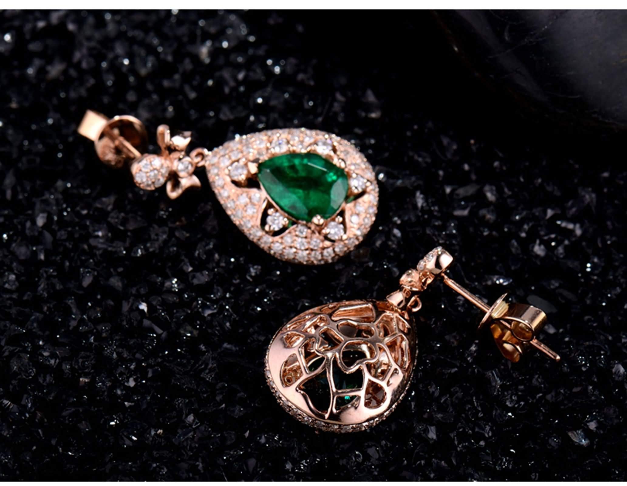 Epinki Rose Gold 750 Ohrringe Hängend, Träne Tropfen Ohrschmuck mit Smaragd 1.85ct Grün, Geschenk für Valentinstag, Rose Gold