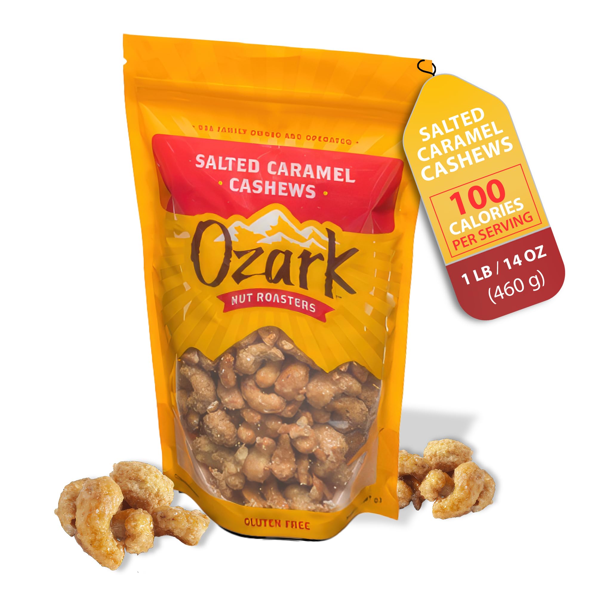 OZARK NUT ROASTERS, Salted Caramel Cashews, Flavored Snack Nuts, Gluten-Free Gourmet Candied Cashews, Blend of Sugar, Sea Salt & Caramel (14 oz)