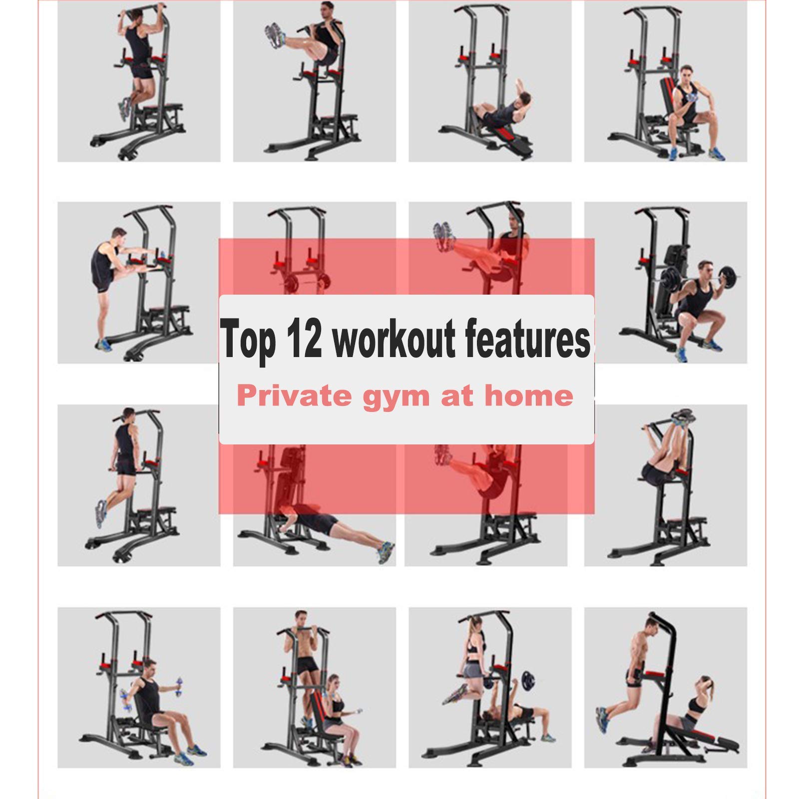 SPOFLYINN Dip Station Power Tower Pull Up Bar Stand Adjustable Height Heavy Duty Multi-Function Fitness Training Equipment For Gym Home Office Black