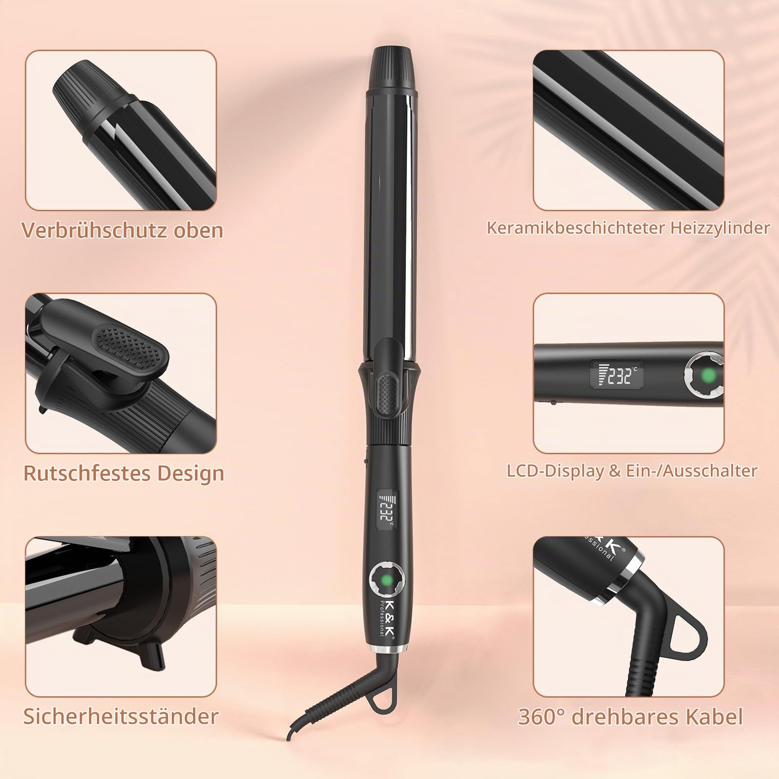 K&K Signature K&K 32mm Lockenstab mit Keramikbeschichtung Lockenzange Nano-Titan Haarlockenstab Eisen MCH-Heizung 60 Minuten automatische Abschaltung 50-230°C Digitale Anzeige 360° Drehkabel (32mm)