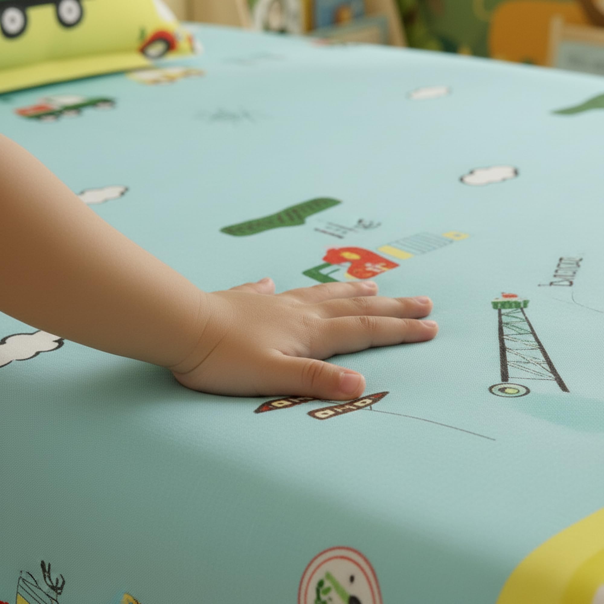Filymore Kids Car Elastic Fitted Bedsheet for Single Bed (72x36 inches), Pure Microfiber, 1 Bedsheet & 1 Pillow Covers, Fits Up to 6 inches. Available in Small Size.Lemon and Sky 1