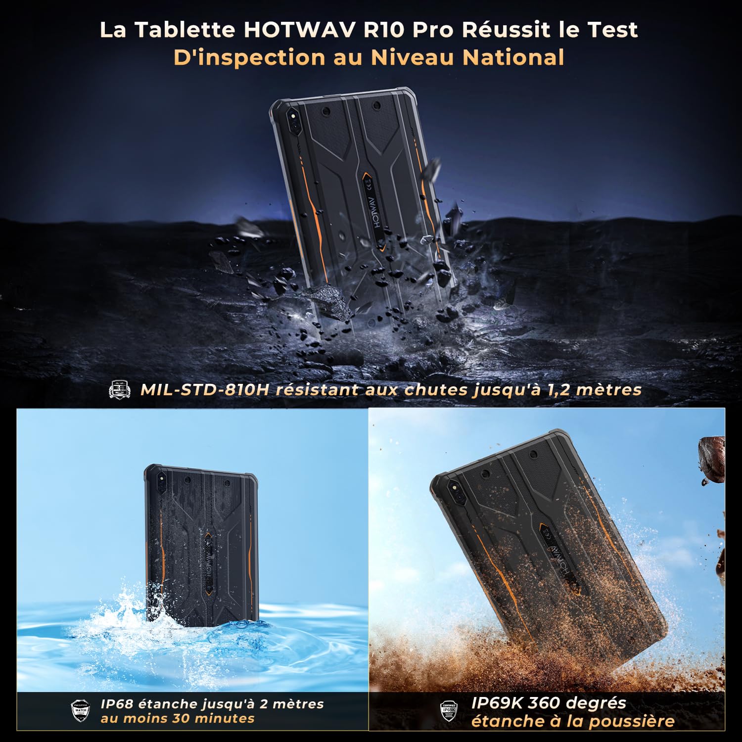 HOTWAV R10 Pro Tablette Incassable-20Go + 256Go/TF 1To Android 14 Tablette | 10080mAh Battery, Écran 10.1" HD+ Tablette Chantier, 13MP+5MP, Octa Core, Dual SIM 4G, Face ID, IP68&IP69K, GPS/OTG