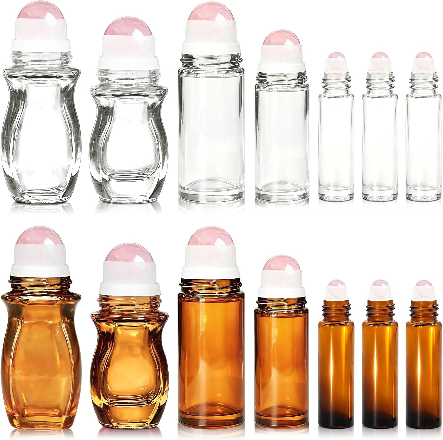 Rose Quartz Roller Bottles for Essential Oils, 50ml Refillable Waist Amber Glass Roll On Bottles with Natural Crystal Roller Balls, Leak-Proof Travel Perfume Bottle with Gold Caps