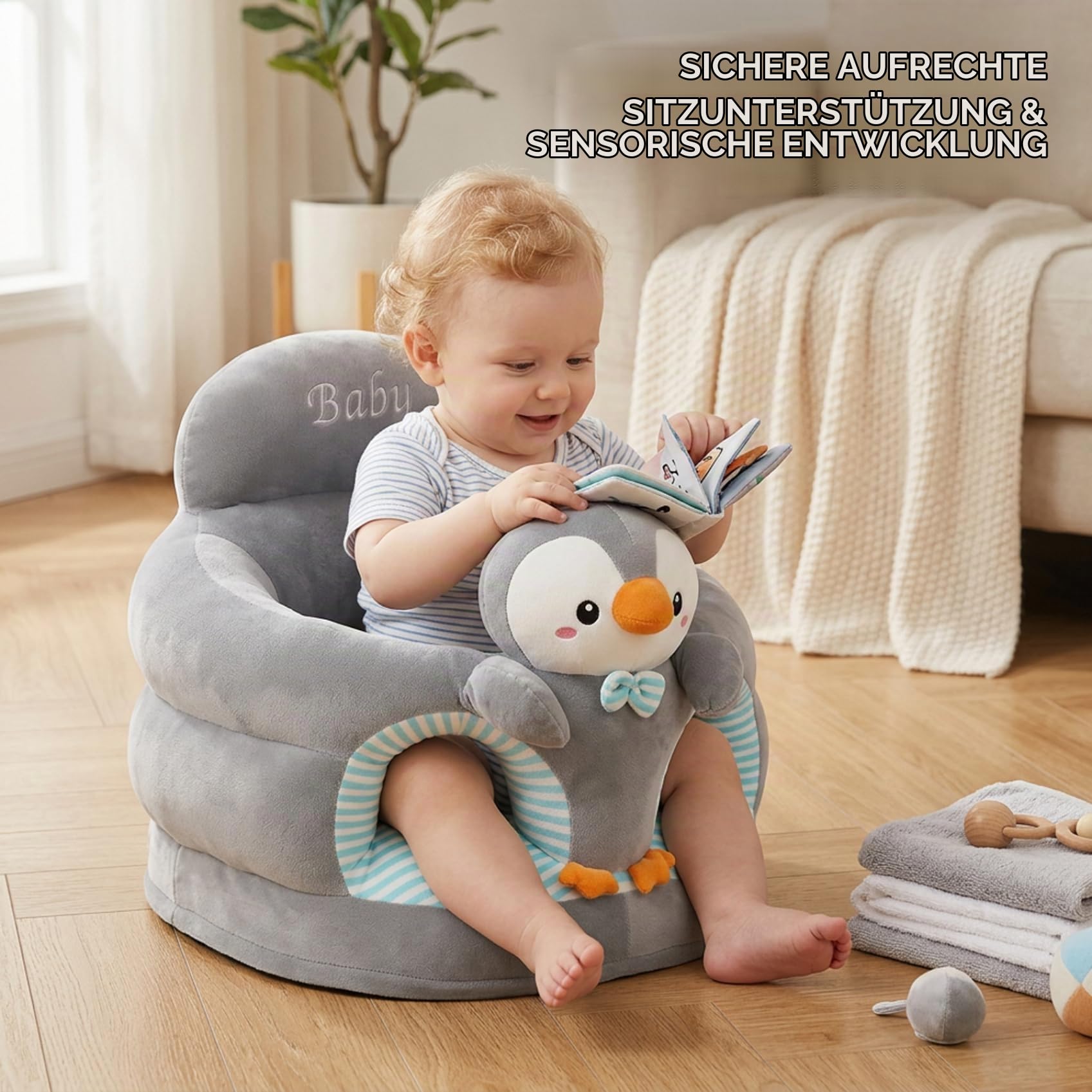 Sitzstuhl für Babys, Babysitz mit ergonomischer Rückenstütze, Pinguin-Sitzstuhl für Kleinkinder zum Lernen, weicher Bodensitz für Babys