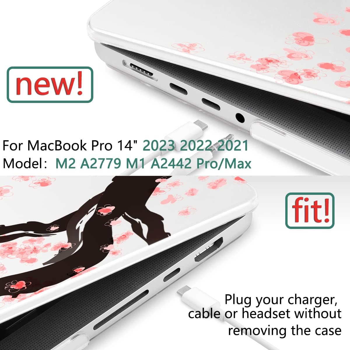 TWOLSKOO Compatible with MacBook Pro 14 inch Case 2023 2022 2021 Release M2 A2779 M1 A2442 Pro/Max Chip with Touch ID, Plastic Hard Shell Case & Keyboard Cover & Screen Protector, Cherry Blossoms