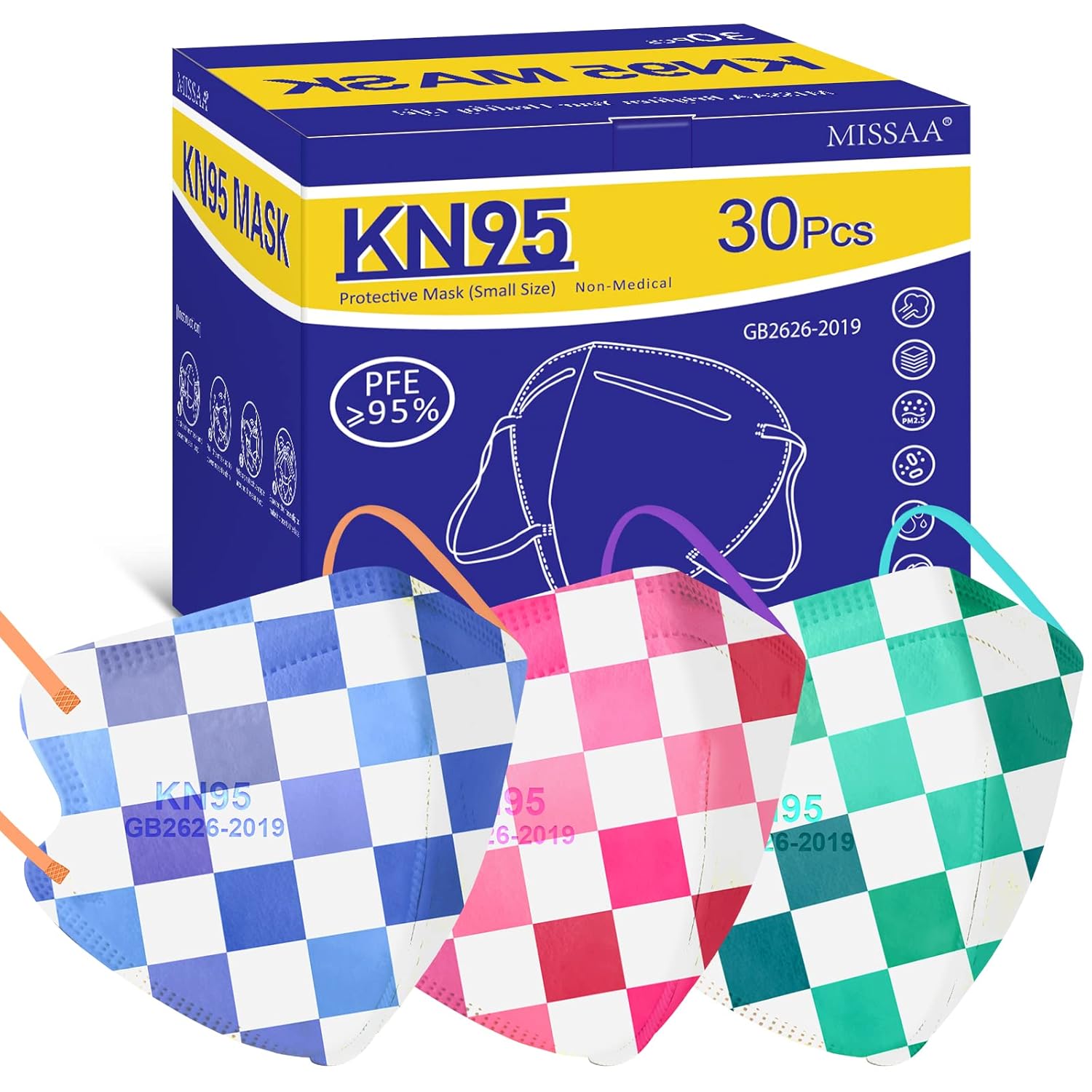 MISSAA KN95 Face Masks for Kids 30 Pcs, 5 Layers Disposable Protective Mask Small Size with Elastic Earloops for Children Boys Girls School Indoor Outdoor Use, Checkerboard