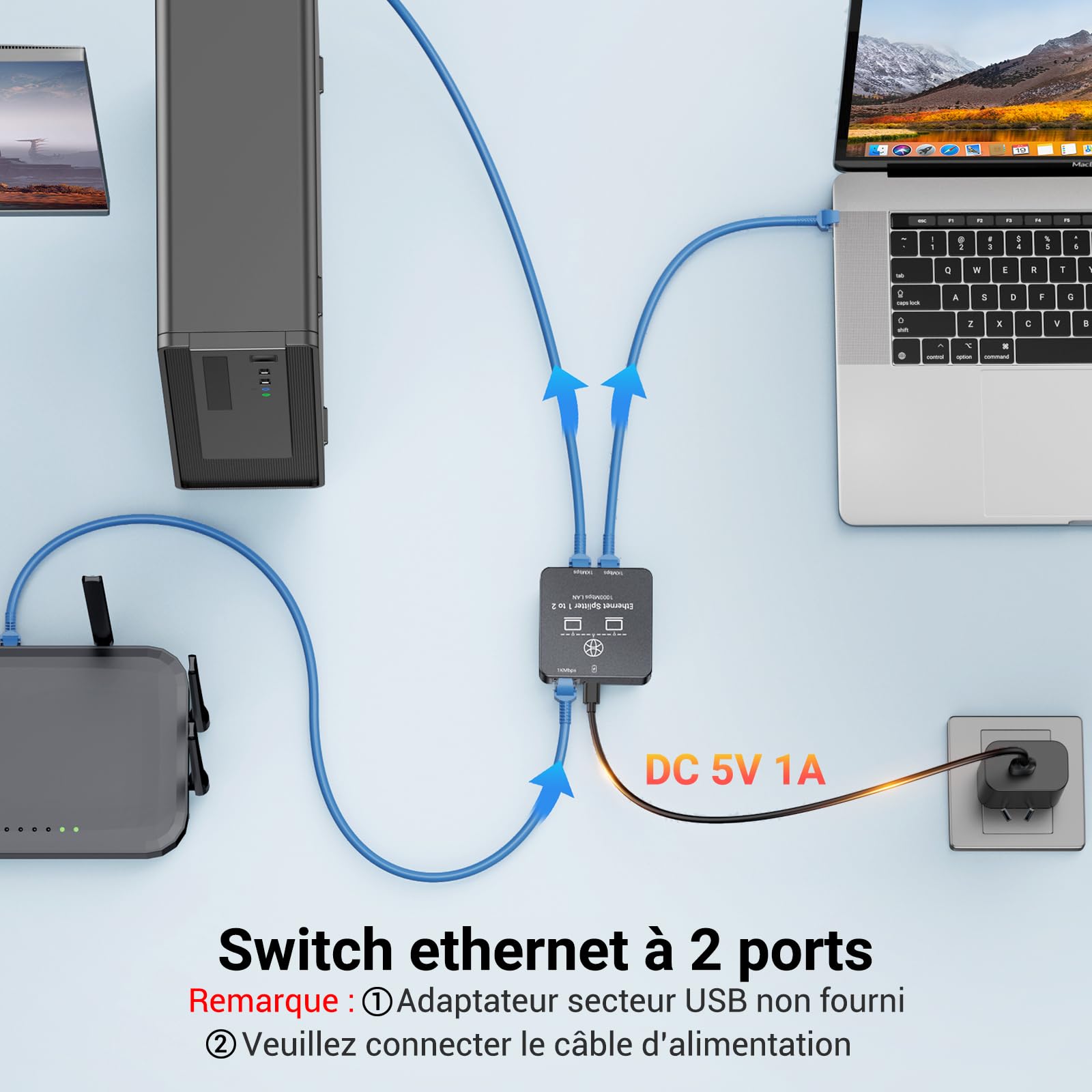 KiWiBiRD doubleur rj45 Switch ethernet 2 Port repartiteur Cable ethernet Double Sortie Splitter gigabit 1000Mbps pour câble Cat 8 7 6 5e 5 Compatible avec routeur PC Ordinateur Mac PS5 PS4 TV Box