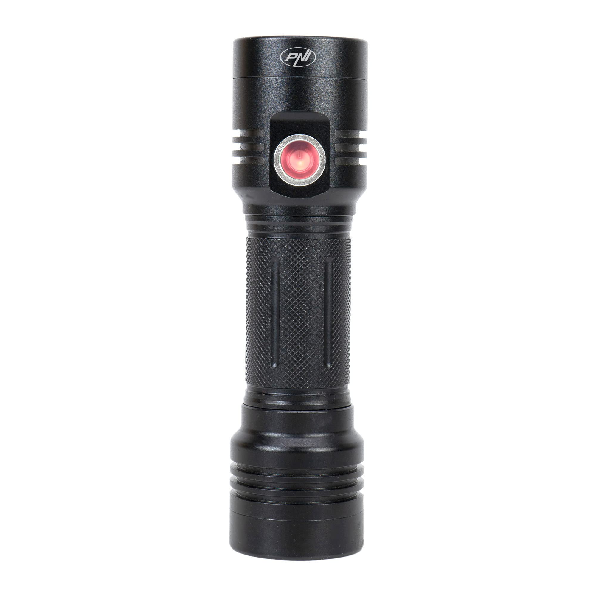 Aluminiowa latarka podwójna LED PNI Adventure F200, bateria 4000 mAh i port micro USB, 3 diody LED z dużą aperturą i jedna z fokusem, obie mają 3 poziomy mocy