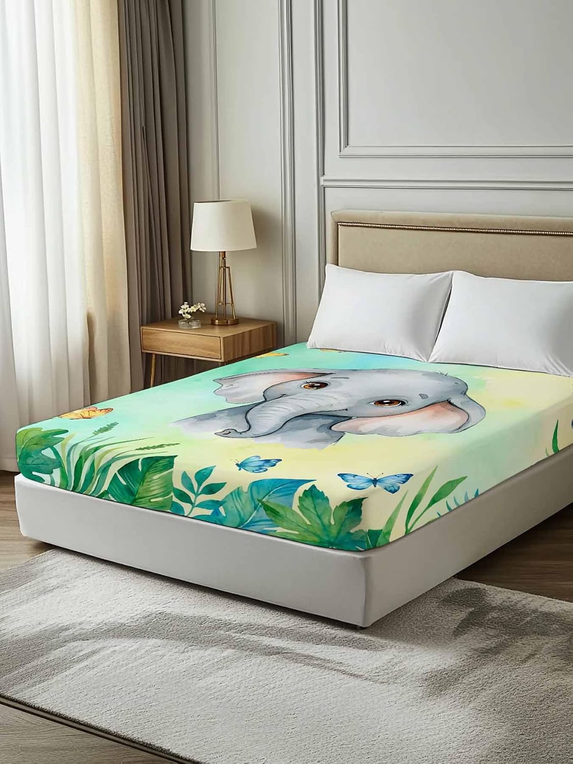 Full Flat Sheet, Cartoon Elephant Full Bed Sheets Only, Soft Microfiber Flat Sheet, Summer Butterfly Fern Tropical Palm Plants Hotel Quality Bedding Top Sheet Bedroom Home Dorm Decor