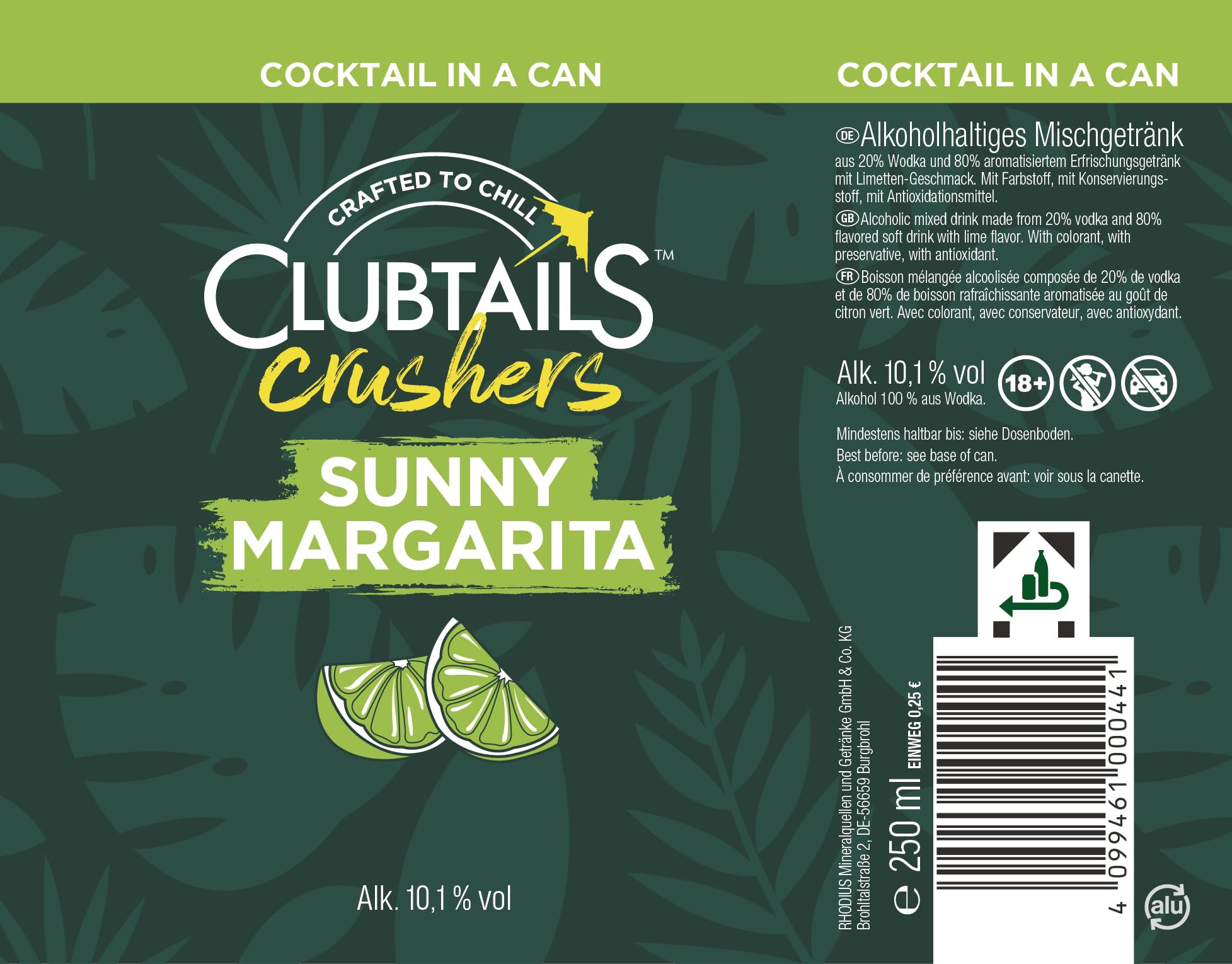 Clubtails | Sunny Margarita | Cocktail in der Dose | Erfrischend mit einem Hauch von Kohlensäure | Fertig gemischt - Ready to drink | Alkoholhaltig (Alk. 10,1% Vol) | 12 x 250 ml Dose