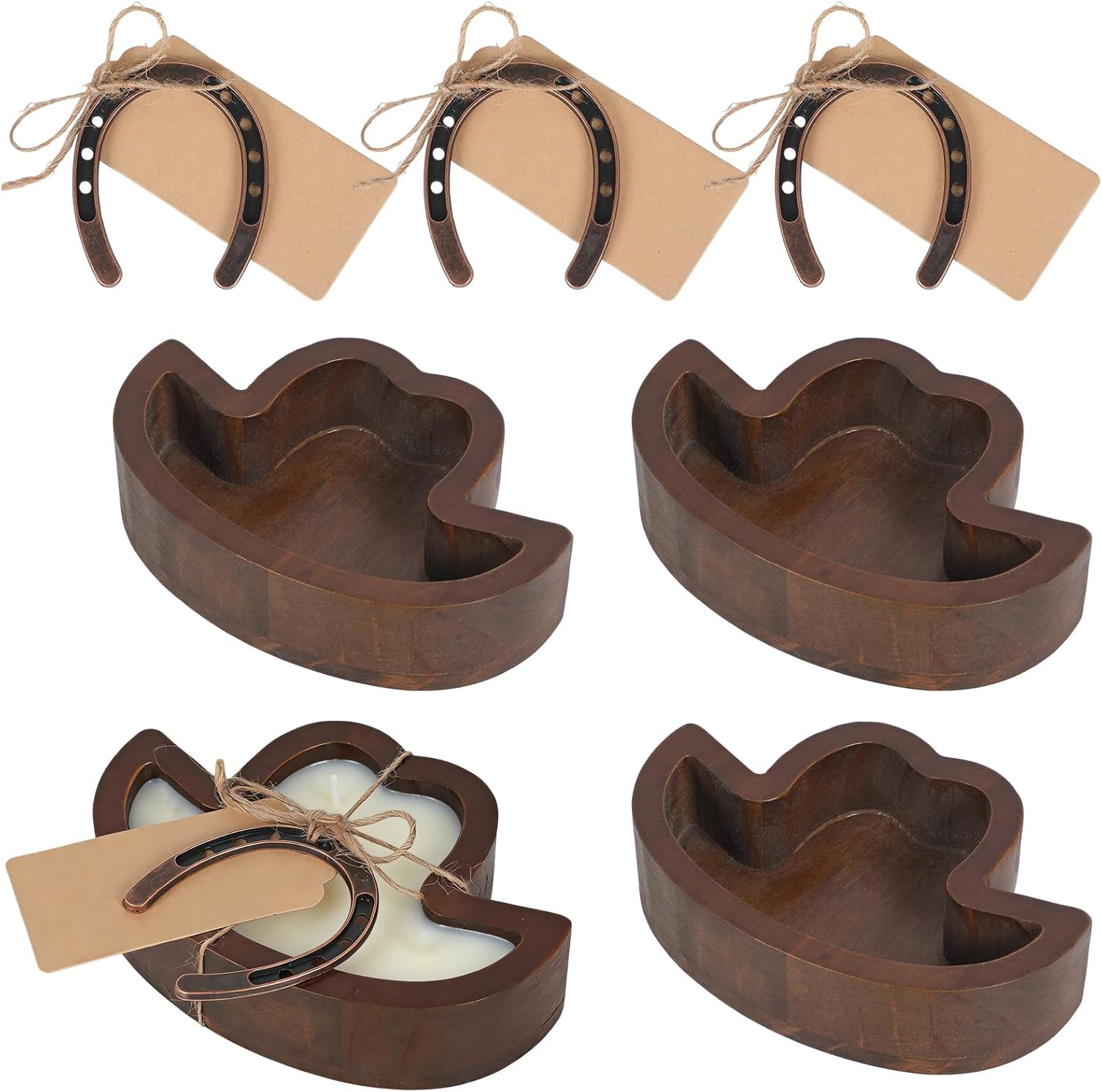 AQQHSAIN 4 Pack Wooden Cowboy Hat Dough Bowls for Candle Making Bulk 5.91 x 3.94 x 1.5 inch Rustic Bowl Vintage Candle Bowls with Gift Tags Hemp Rope Horseshoe for Wedding Farmhouse Decor DIY Crafts