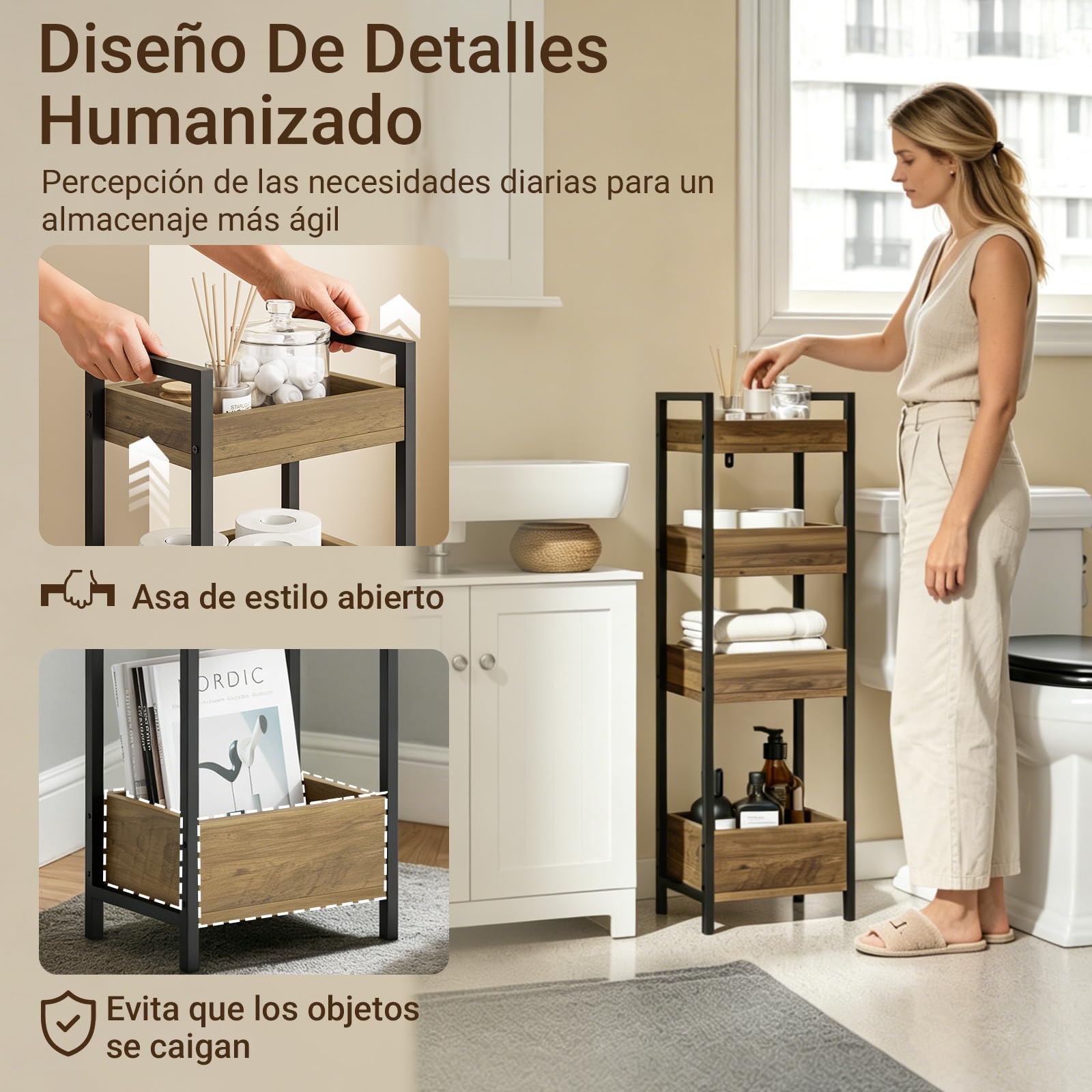 SoBuy Mueble Baño Auxiliar Estrecho 4 Estantes 20cm para WC | Diseño Industrial Mueble Baño Estrecho Madera y Metal Negro Marrón FRG226-H-F