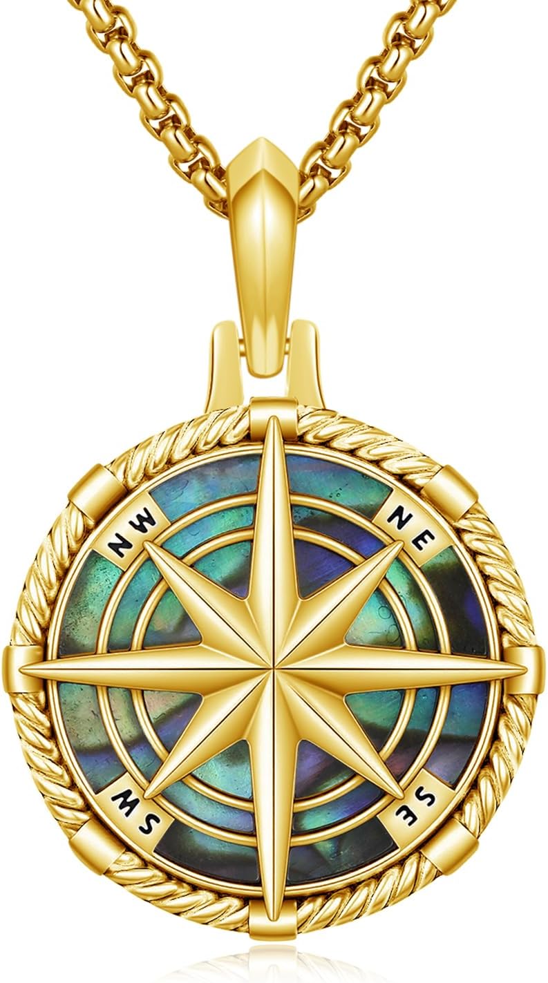 Compass Necklace for Men Women, 925 Sterling Silver Gold Abalone Pendant Necklace, Retro Pendant Jewelry Gift for Men Women