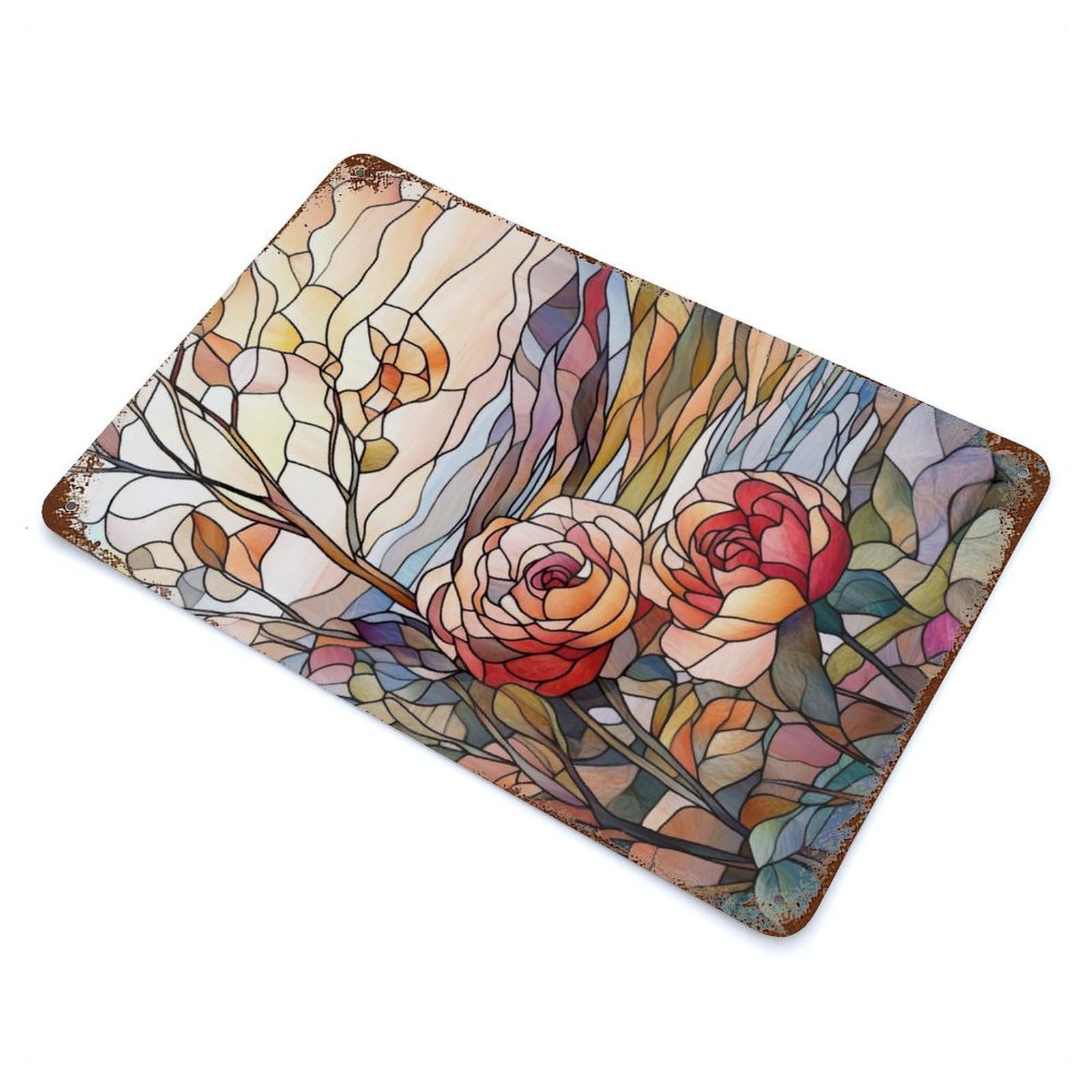 Distressed Metal Wall Sign Stained Glass Roses 11.8"x7.9", Vintage Wall Decor for Garage, Bar And Workshop Decor