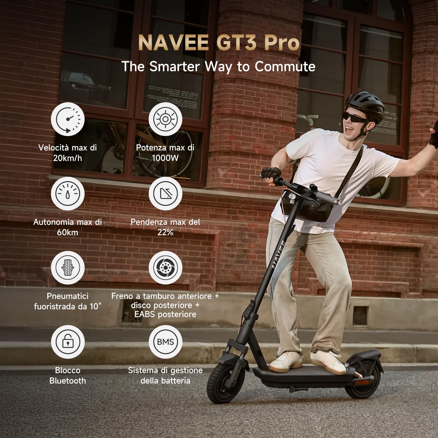 NAVEE Monopattino Elettrico Adulto G Series, Autonomia 75-50km, 10" Pneumatici tubeless, Sospensioni Quadruple, Blocco Bluetooth, TCS Anti-Scivolo, Pendenza 18-28%