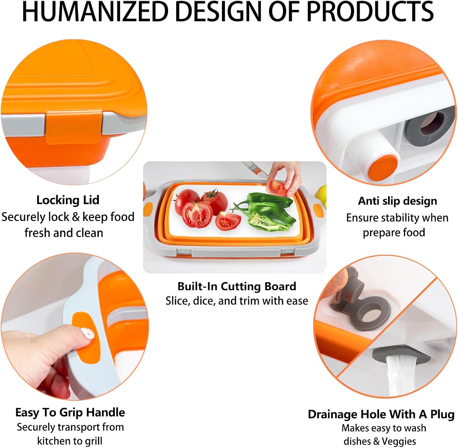 HZHOUCozy Collapsible BBQ Prep Tub with Locking Clips and Oven Gloves, Large Marinating Container Food Storage with Build in Cutting Board, Portable Camping Sink for Grilling/Picnic(Orange)-16L