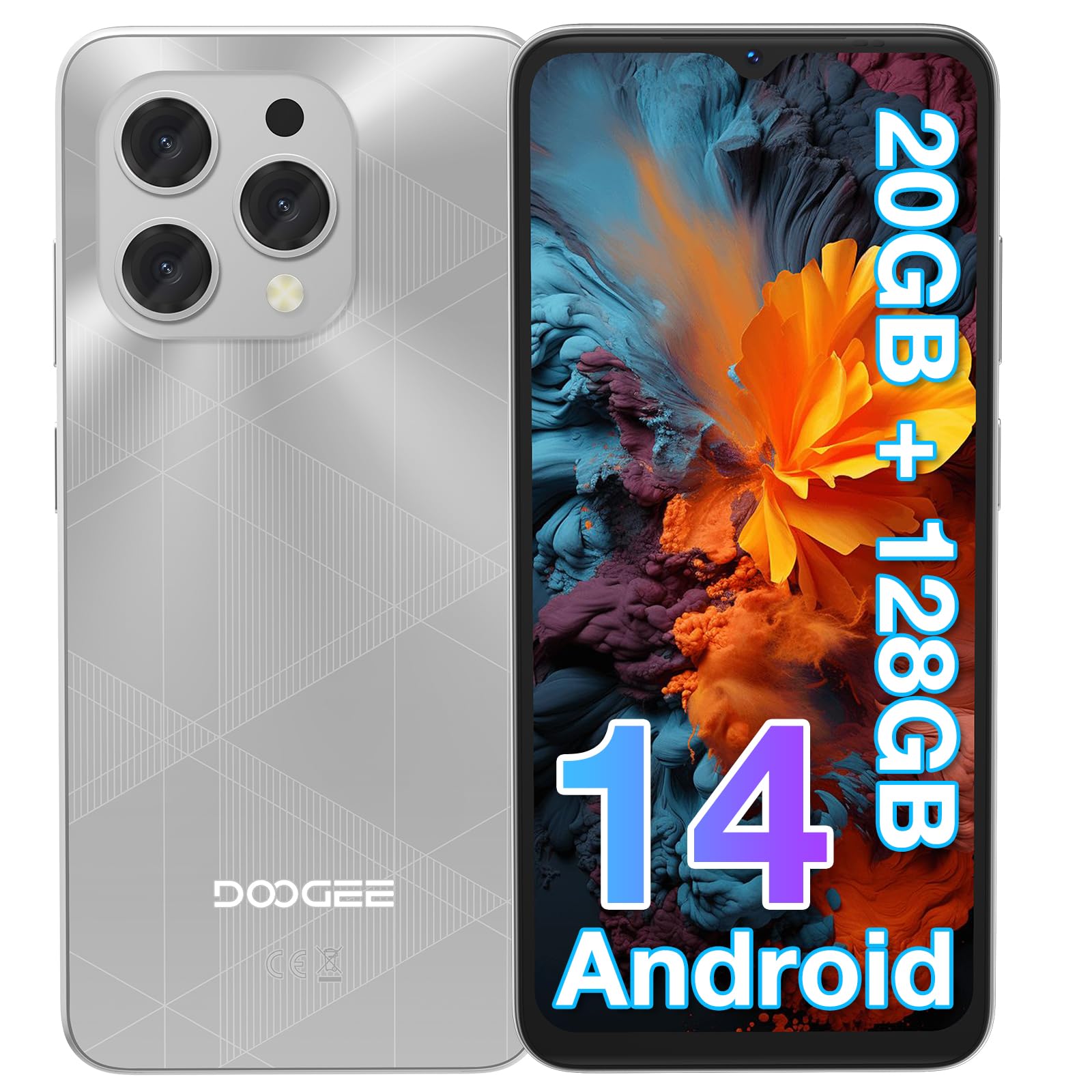 DOOGEE Smartphone N55 Plus, 20GB RAM + 128GB ROM(TF 1TB), 6,56" HD+ 90Hz Telefono, Android 14, Octa Core, 13MP+8MP Cellulare, 4G Dual SIM, Face ID, 5150mAh, OTG, GPS Smartphone