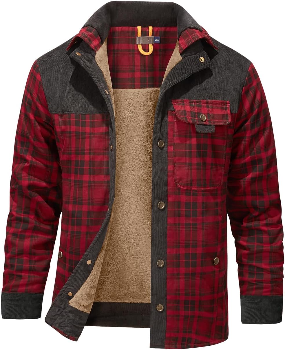 Mr.StreamMen's Padded Lumberjack Plaid Flannel Fur Lined Button Warm Shirt Sherp Jacket, One Size, Winter, Regular Fit, Polyester, T-Back, Overcoat, Coat