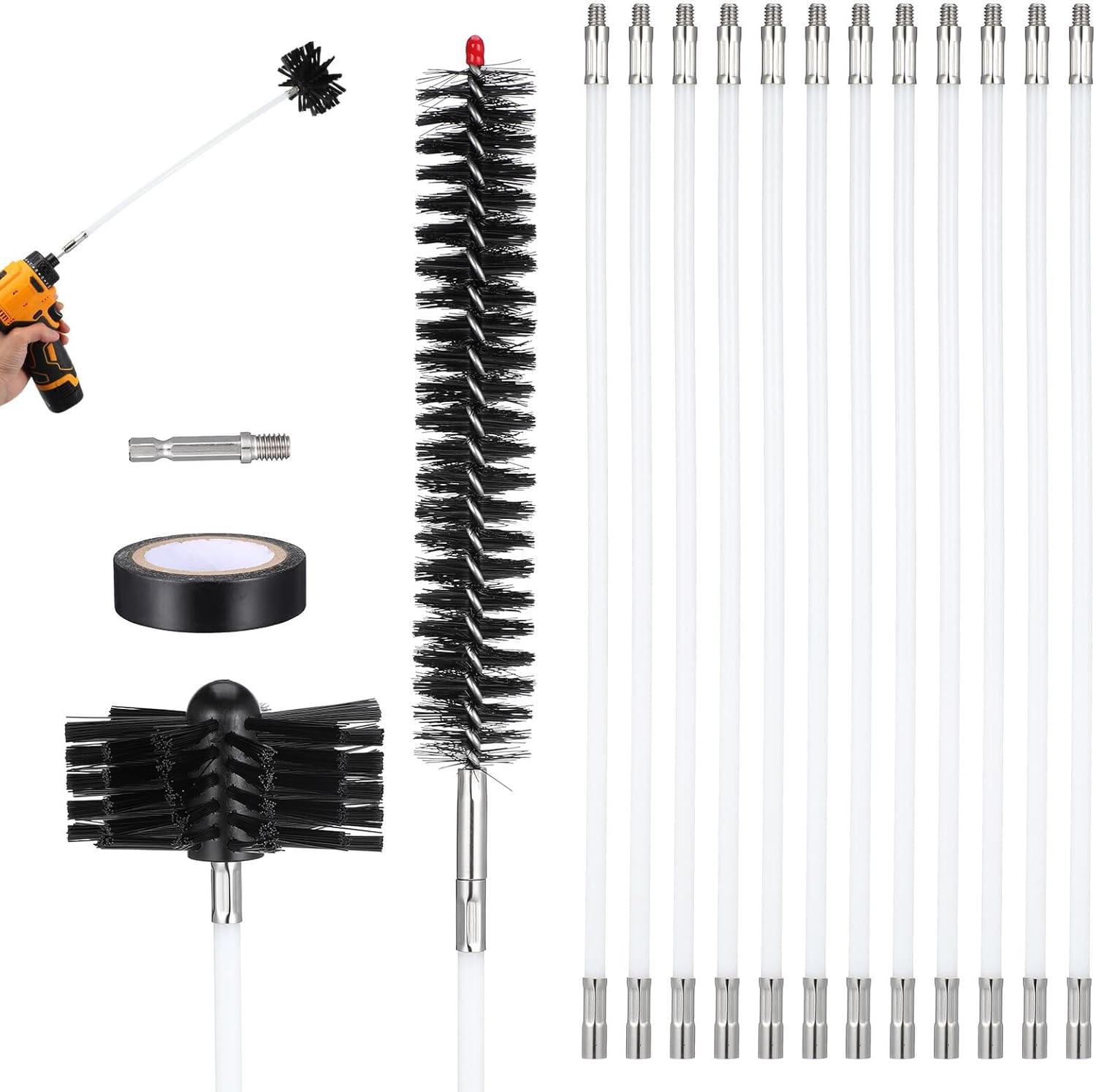 LALAFINA 15ft Chimney Sweep Brush Kit with 4-inch Vent Brush Head, Flexible Rods, Hex Connector, and Pipe Cleaning Accessories for Fireplace and Dryer Vent Maintenance