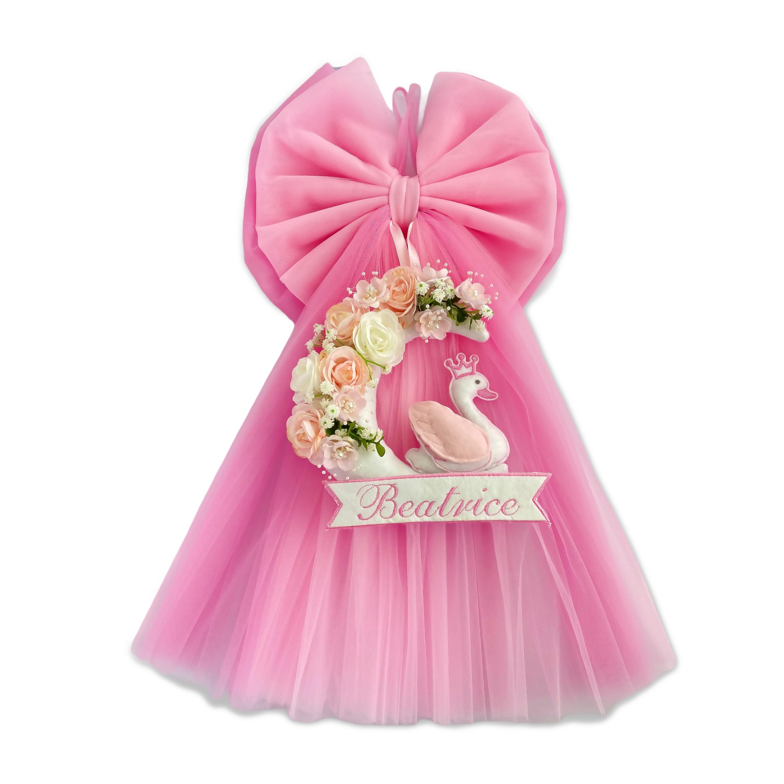 ZAIRISE - Fiocco Nascita Personalizzato con Nome Ricamato, Tulle Rosa con Cigno e Fiori in Tessuto, Fatto a Mano in Italia, pronto da Appendere, Idea Regalo Neonato Femmina, Elegante (Rosa)