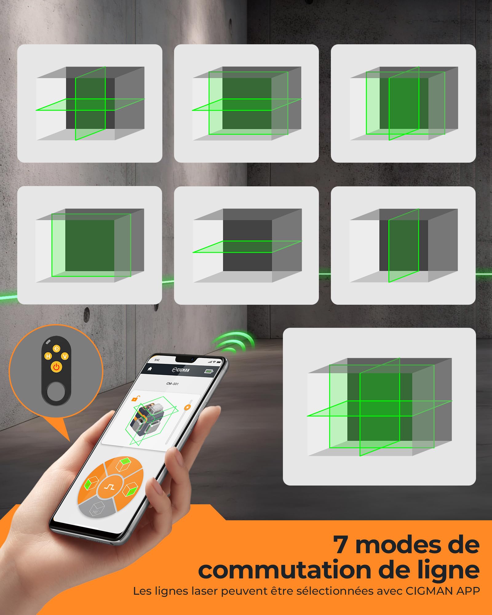 CIGMAN Niveau laser vert, télécommande sans fil Bluetooth par application, niveau laser auto-nivelant avec outil de niveau laser à lignes transversales 3 x 360°, ligne horizontale/verticale, avec supp