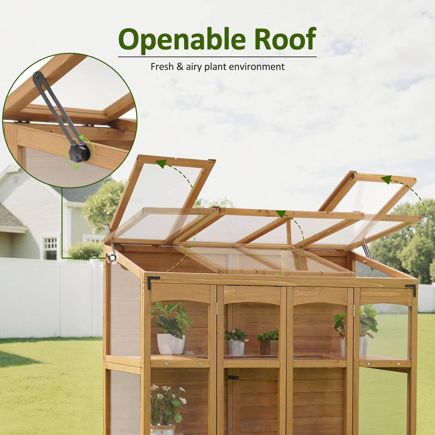 MCombo Wooden Greenhouse, Walk-in Outdoor Greenhouse with Openable Roof and Lockable Door, 0899 (Natural)