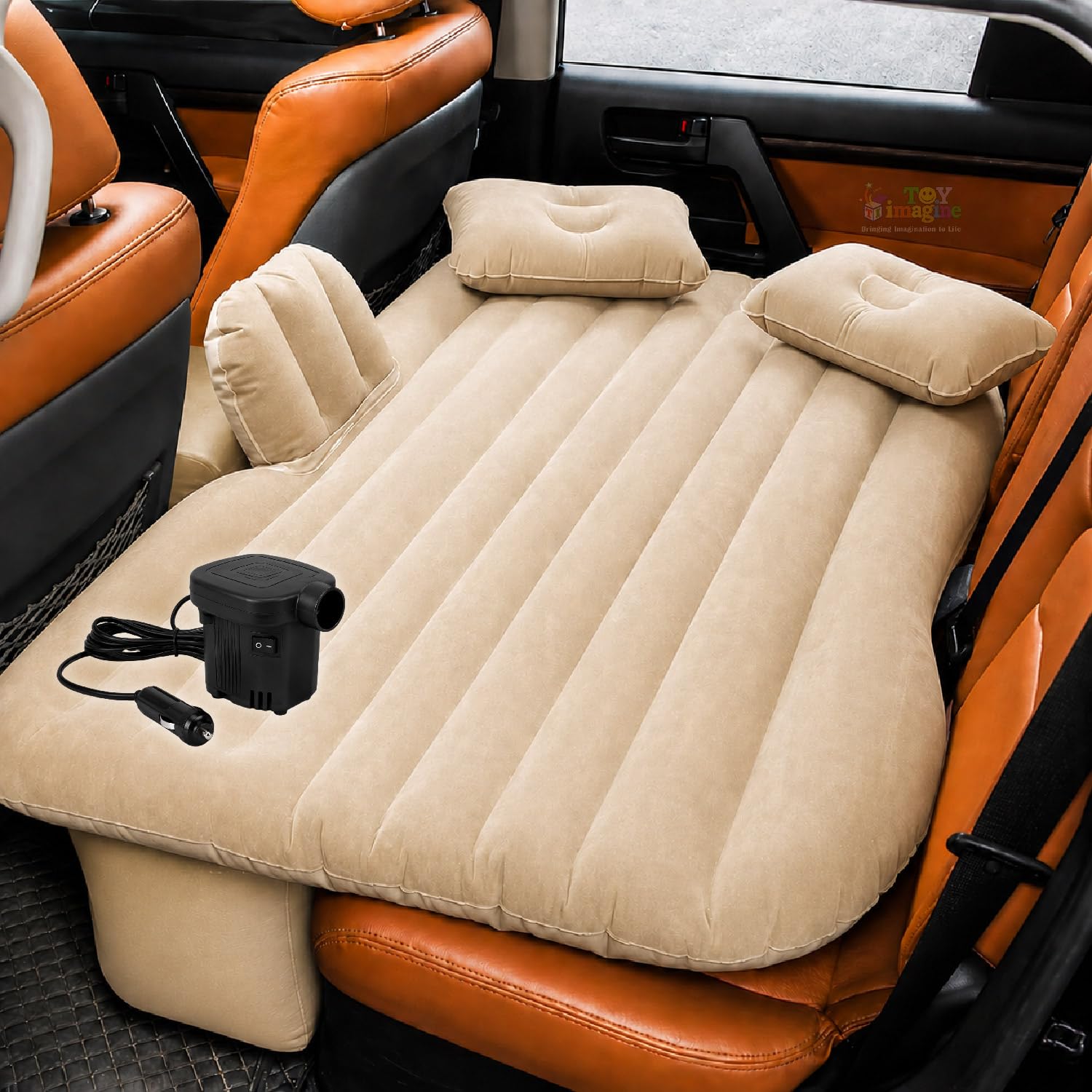 Toy Imagine Car Inflatable Bed with Air Pump & 2 Pillows | Quick Inflatable Back Seat Bed | Car Bed for Kids,Travel,Trip,Camping,Picnic,Pool & Beach | Universal Fit | Beige-image-8