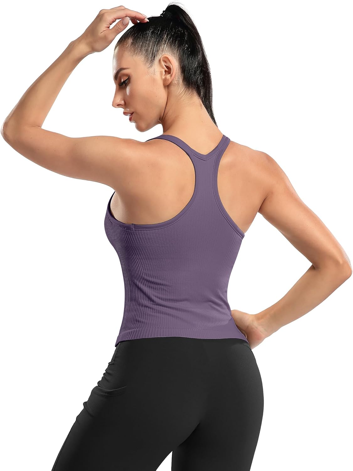 ATTRACO Women Ribbed Workout Crop Tops with Built in Bra Yoga Racerback Tank Top Tight Fit - Image 4